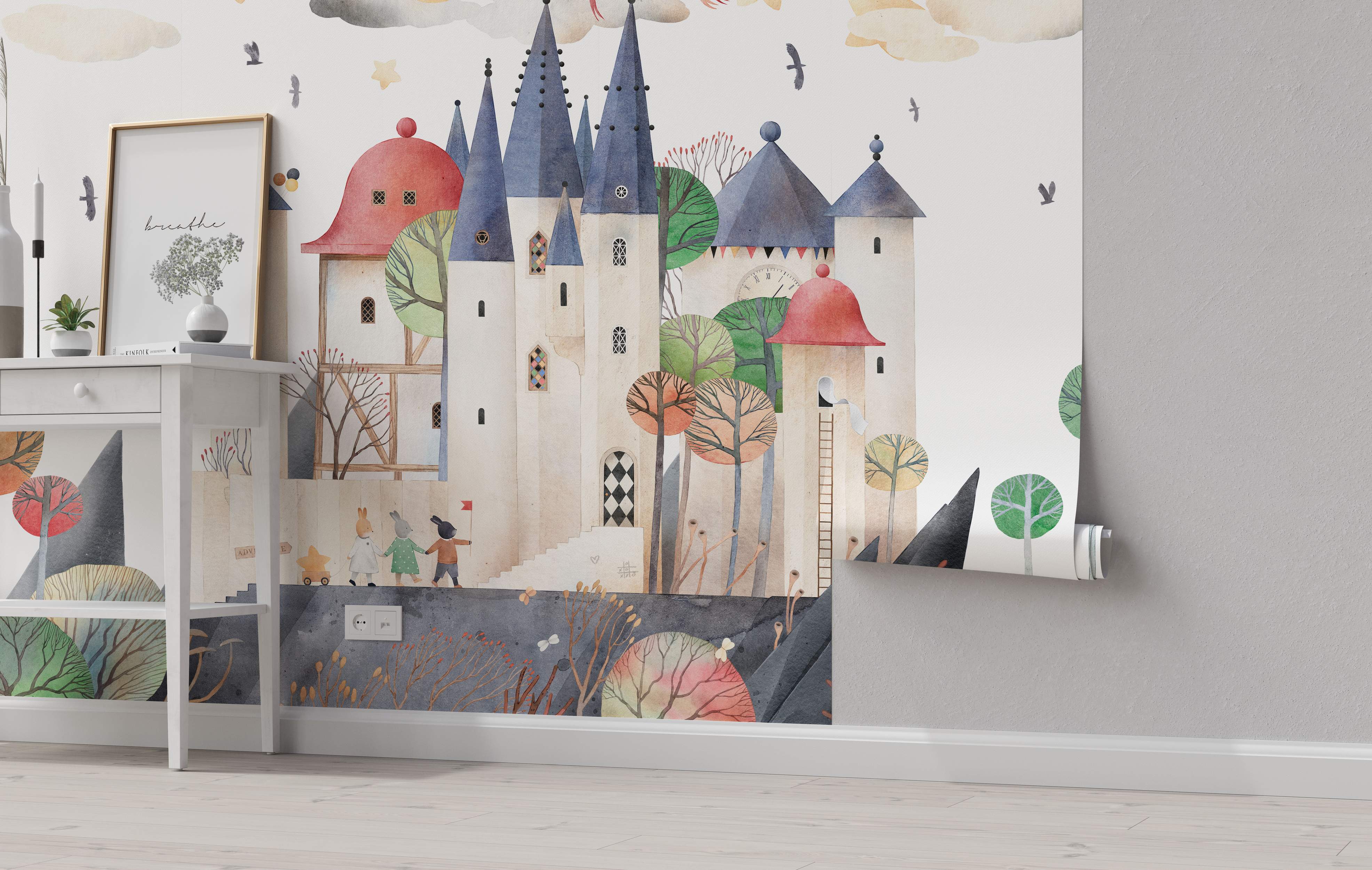 Whimsical castle mural with colorful trees and playful figures