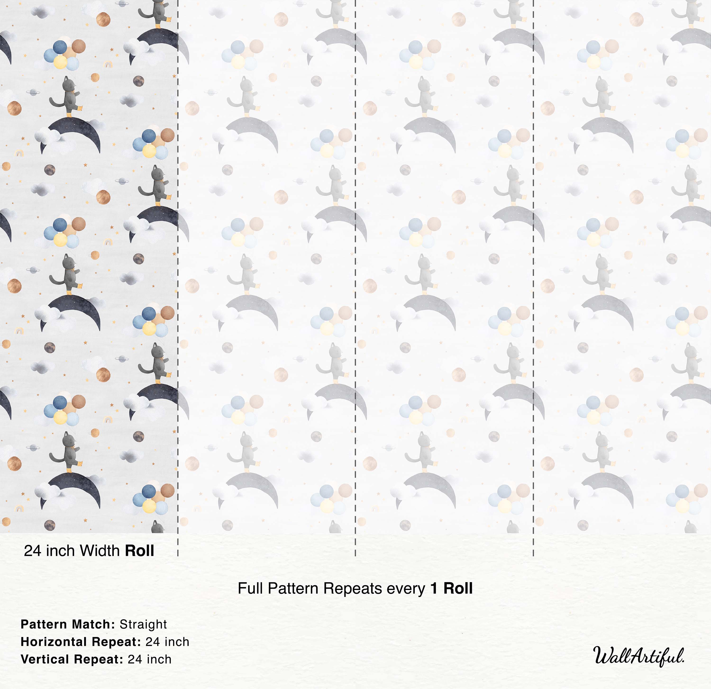 Whimsical watercolor wallpaper with gray cats on moons, balloons, planets, stars, and clouds in gray, blue, yellow, and tan.