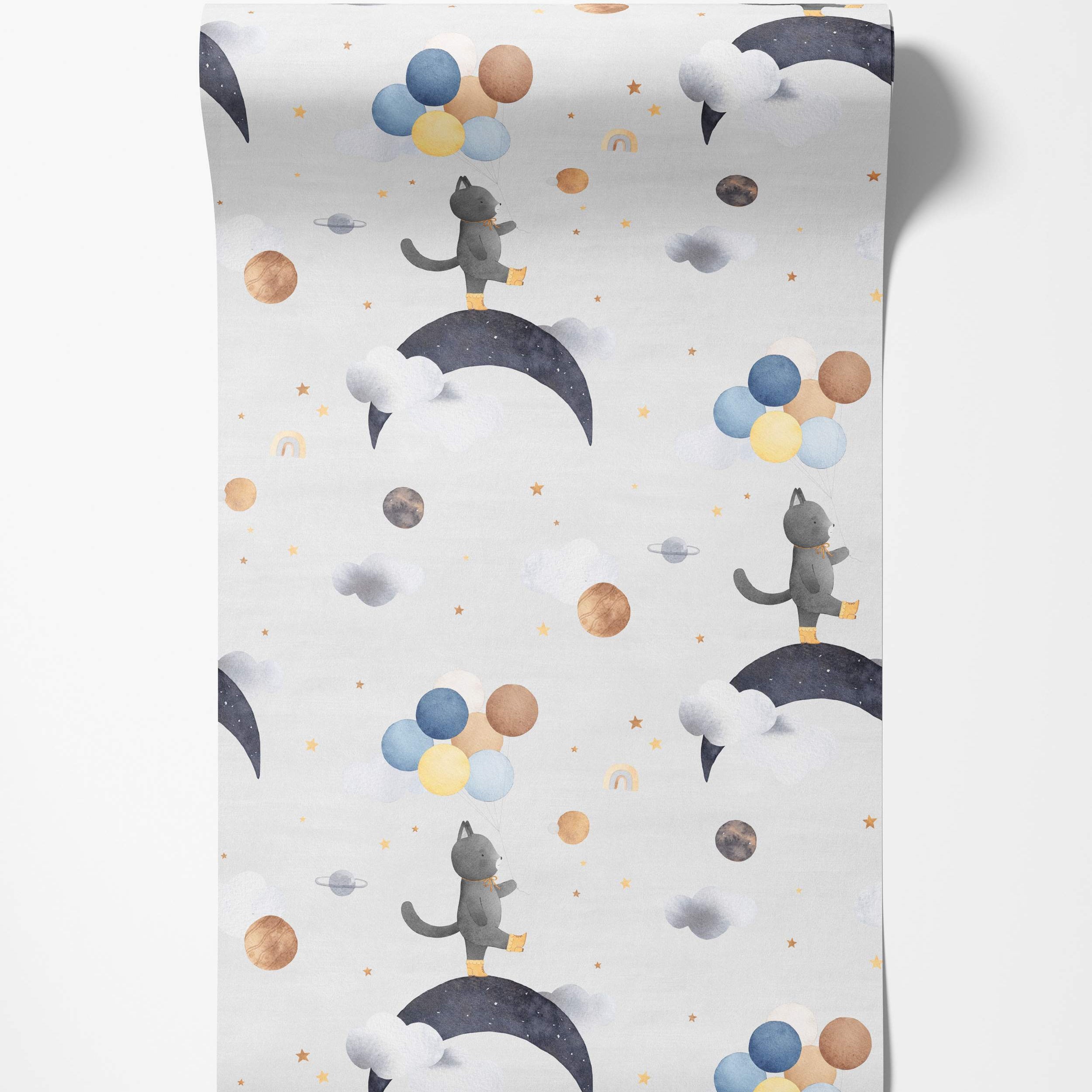 Gray cat on moon wallpaper with blue, brown, yellow balloons, stars, and planets on a light gray background.