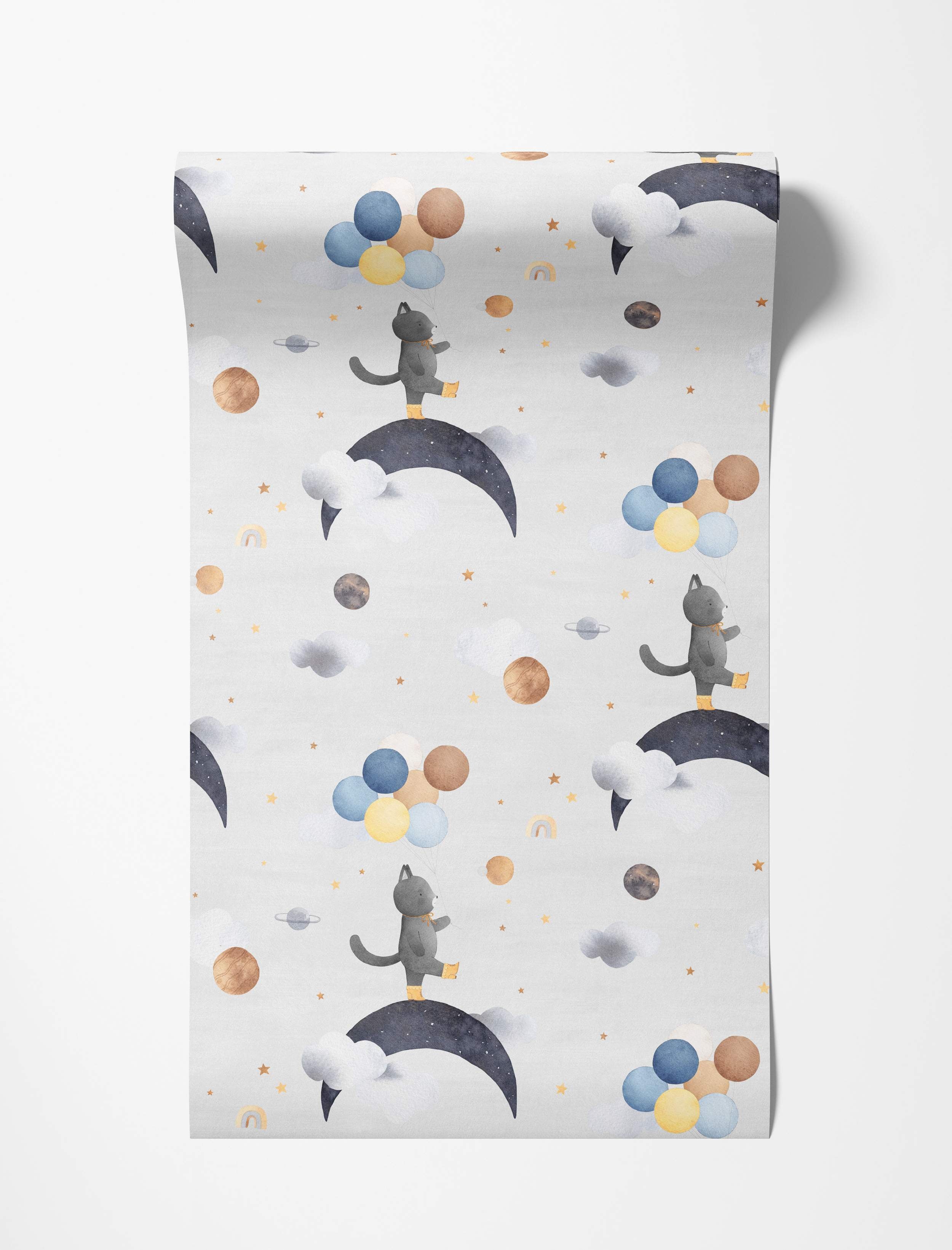 Gray cat on moon wallpaper with blue, brown, yellow balloons, stars, and planets on a light gray background.