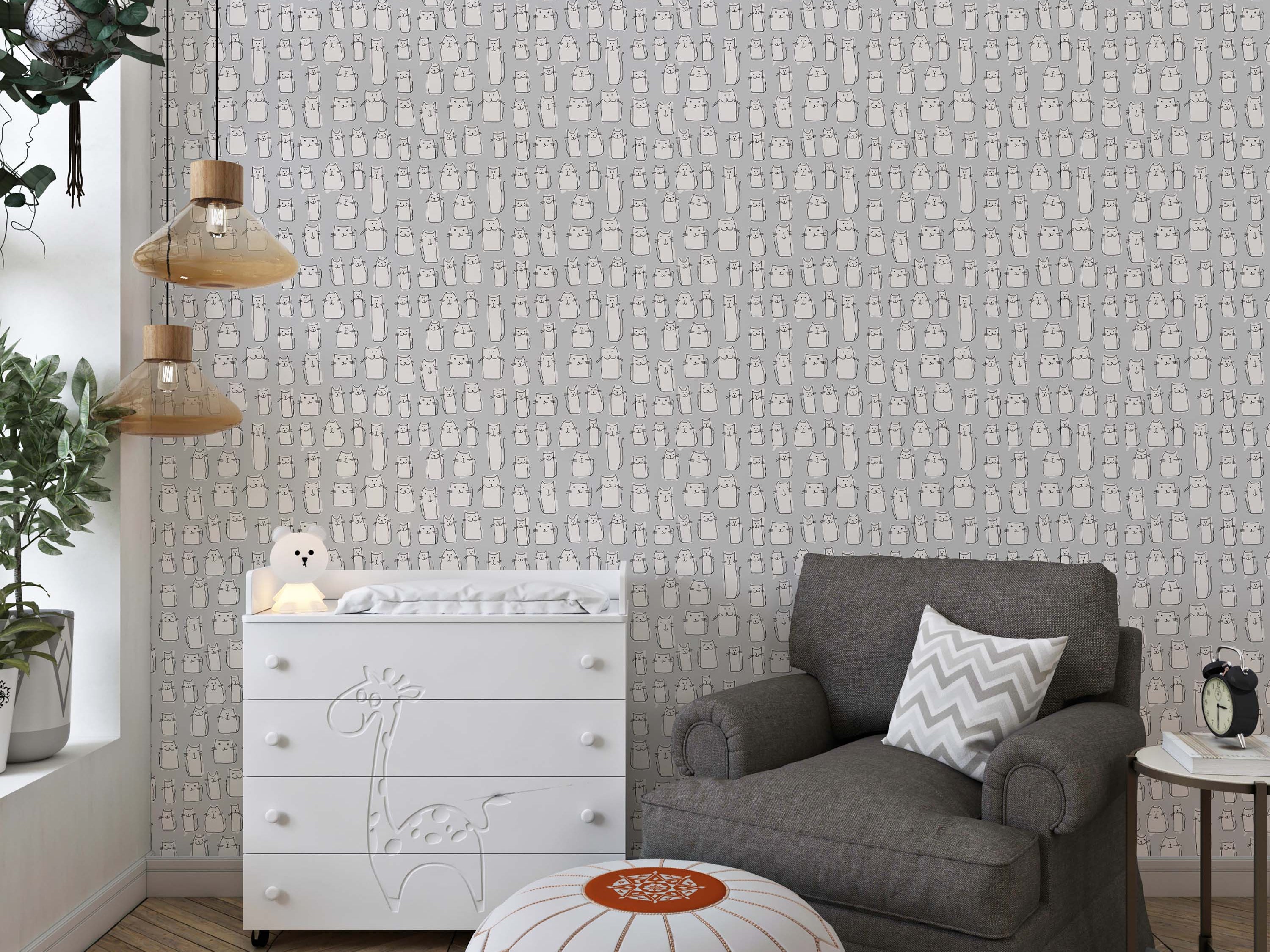 Wallpaper featuring a repeating pattern of stylized, hand-drawn white cats of various shapes on a soft gray background.