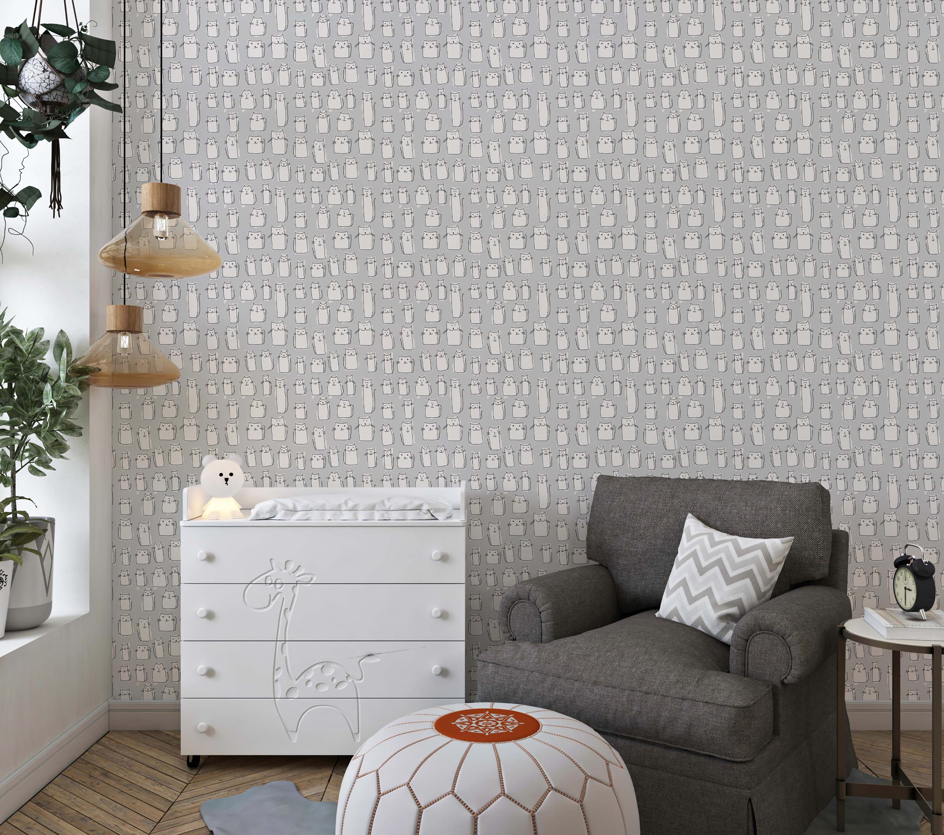 Wallpaper featuring a repeating pattern of stylized, hand-drawn white cats of various shapes on a soft gray background.