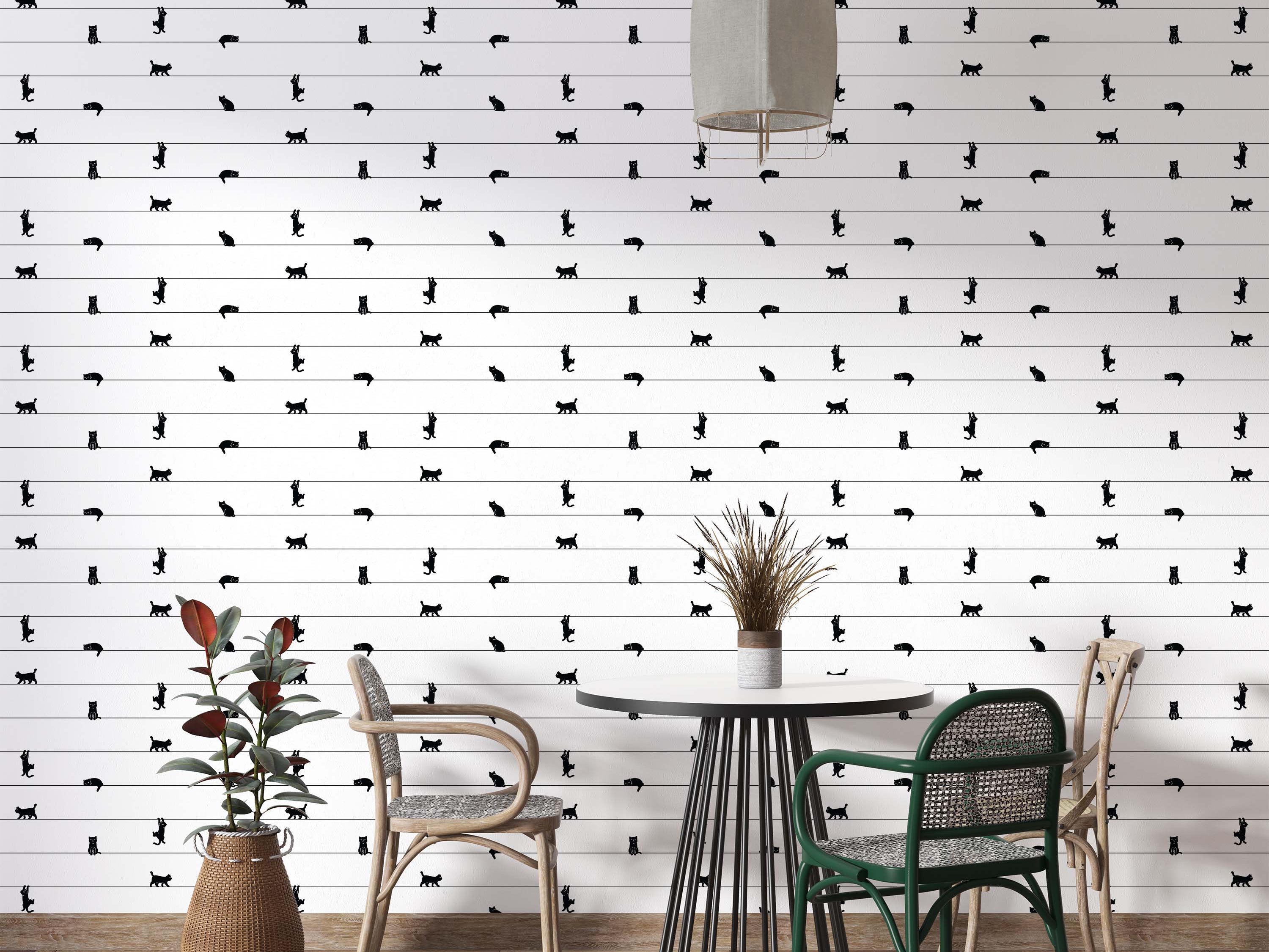 Whimsical wallpaper featuring black cat silhouettes in various poses on thin horizontal lines against a white background.