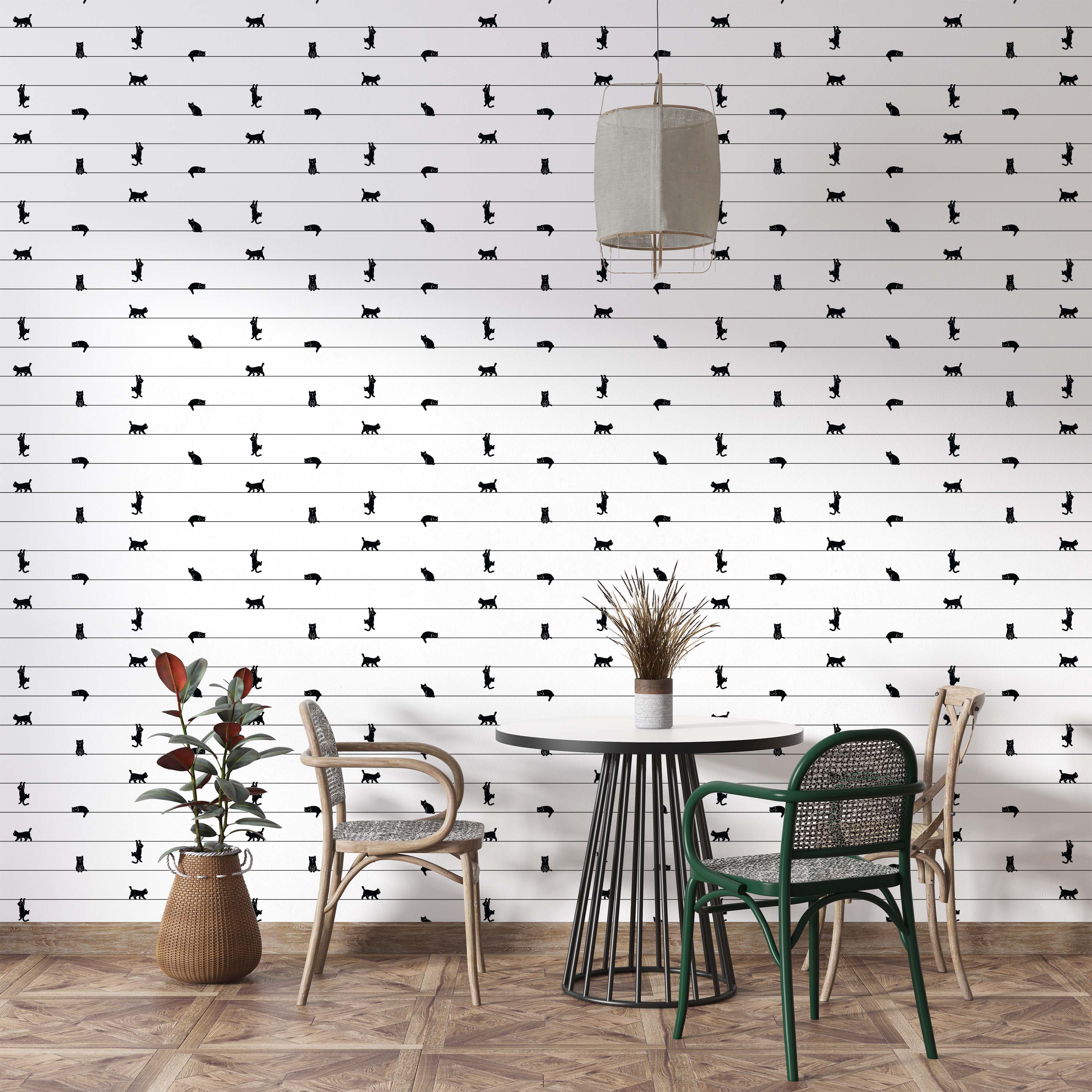 Whimsical wallpaper featuring black cat silhouettes in various poses on thin horizontal lines against a white background.