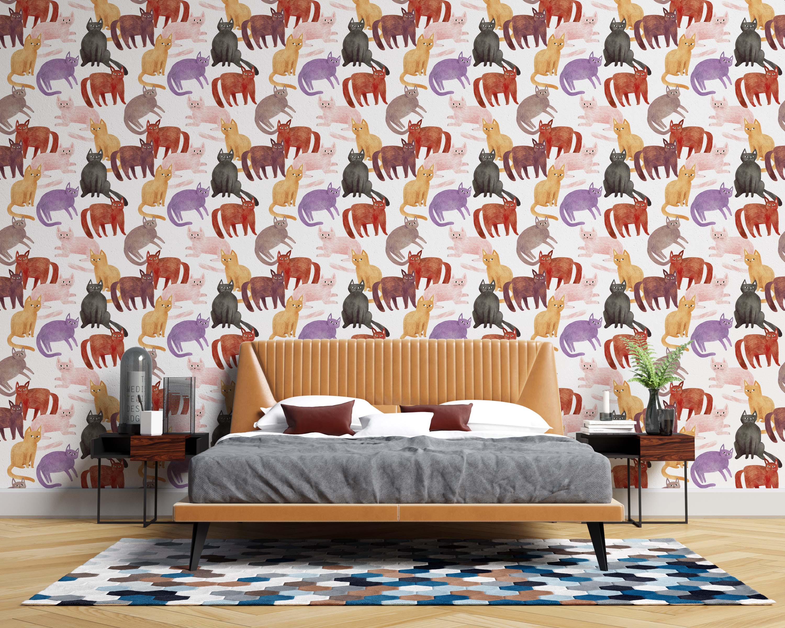 Playful wallpaper with a pattern of stylized cats in purple, red, black, orange, and pink on a light background.