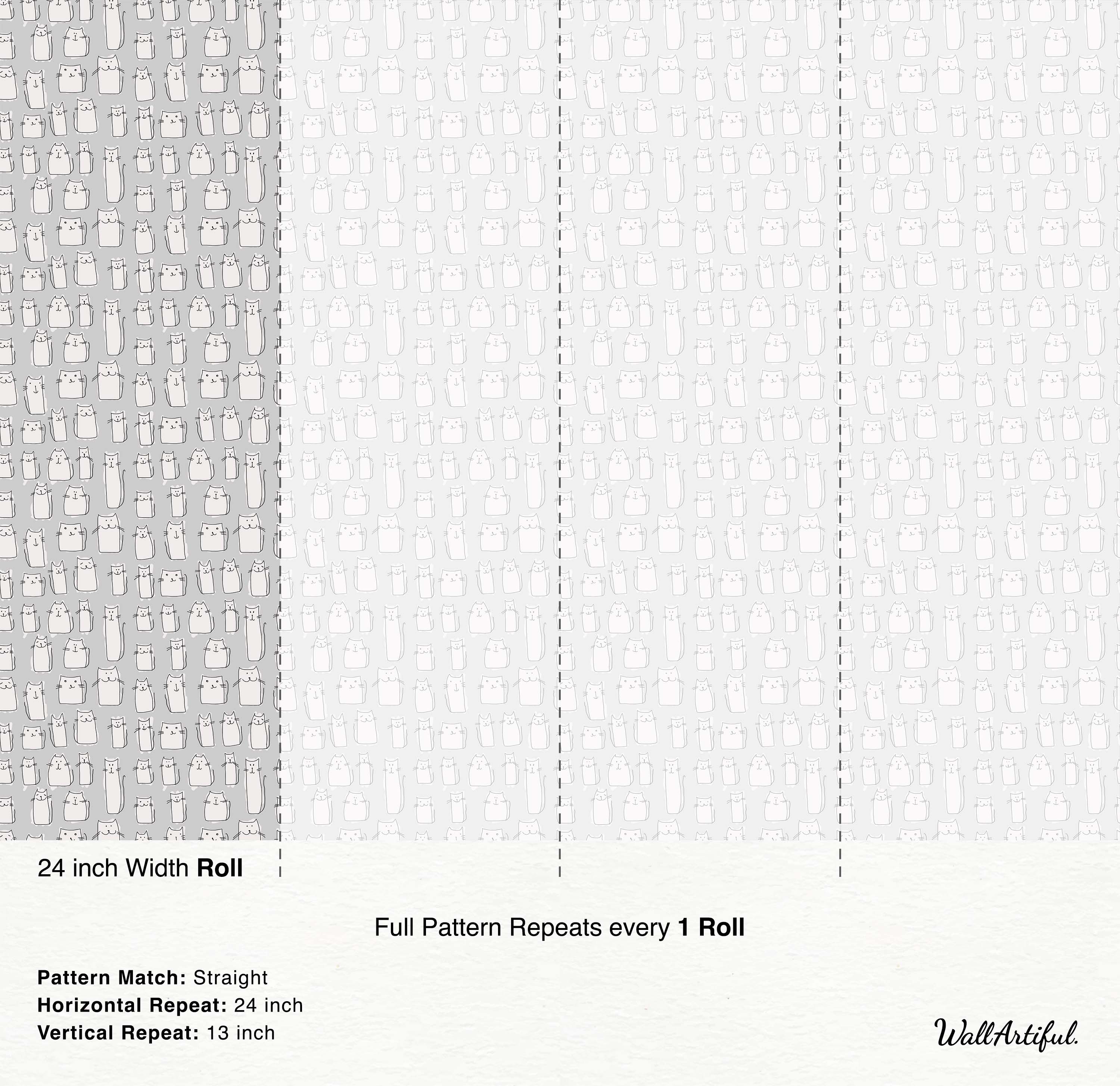 A playful wallpaper featuring a pattern of hand-drawn, cartoon cats in black line art on a light gray background.