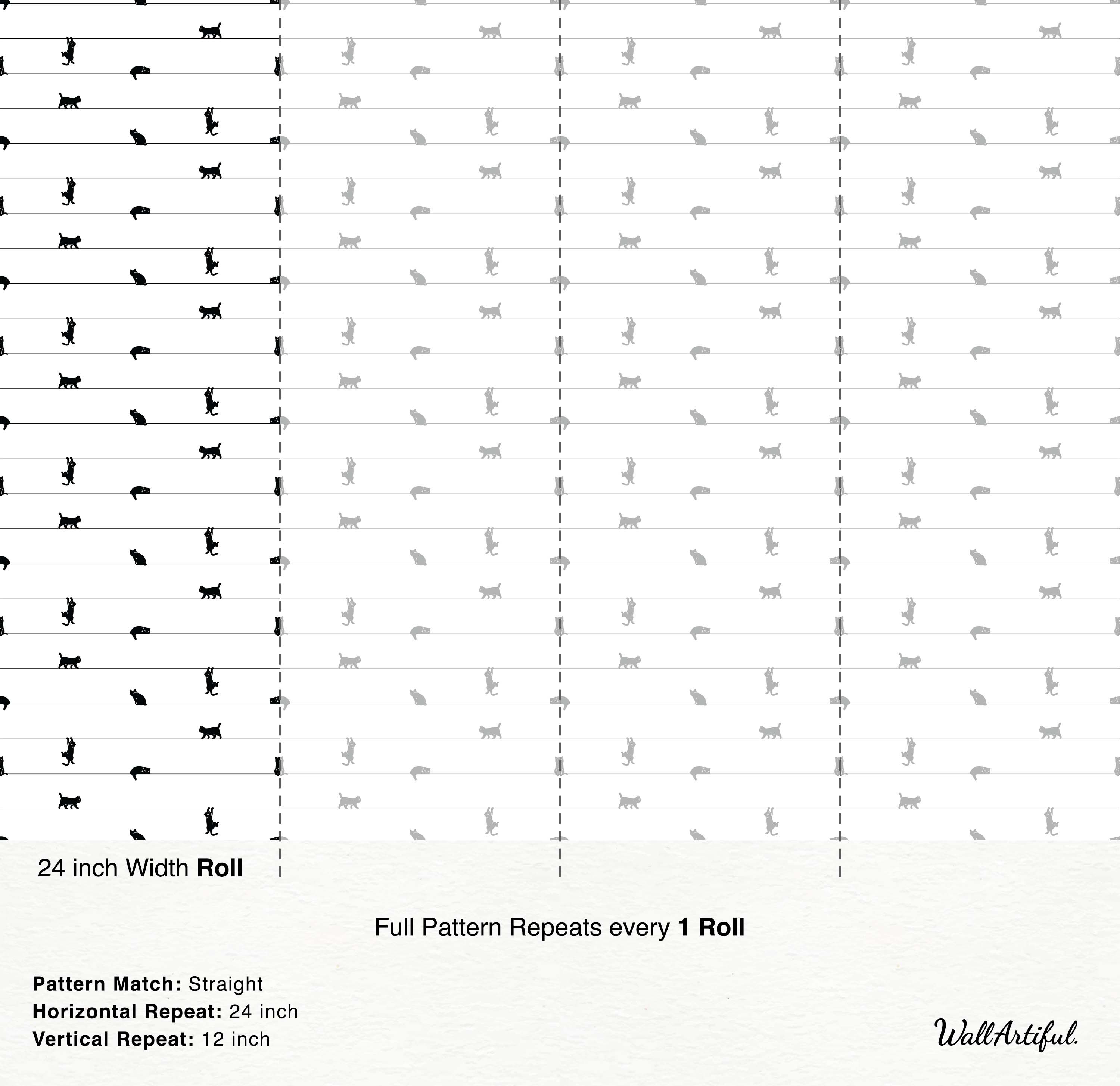 Playful wallpaper with black and gray cat silhouettes on horizontal lines. The cats are shown walking, sitting, and climbing.