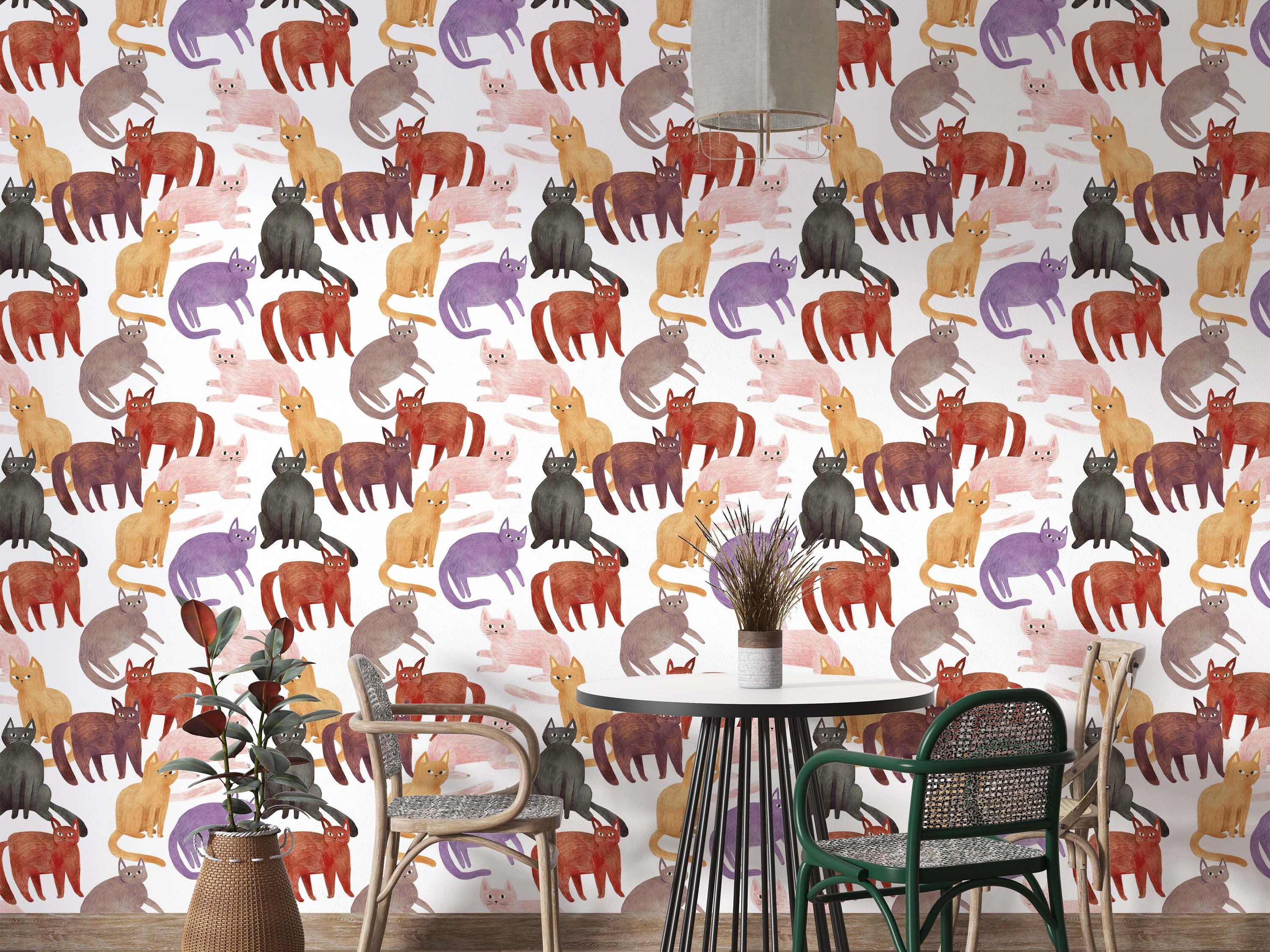 Wallpaper with a repeating pattern of stylized cats in painterly shades of purple, pink, red, black, and ochre on a white background.