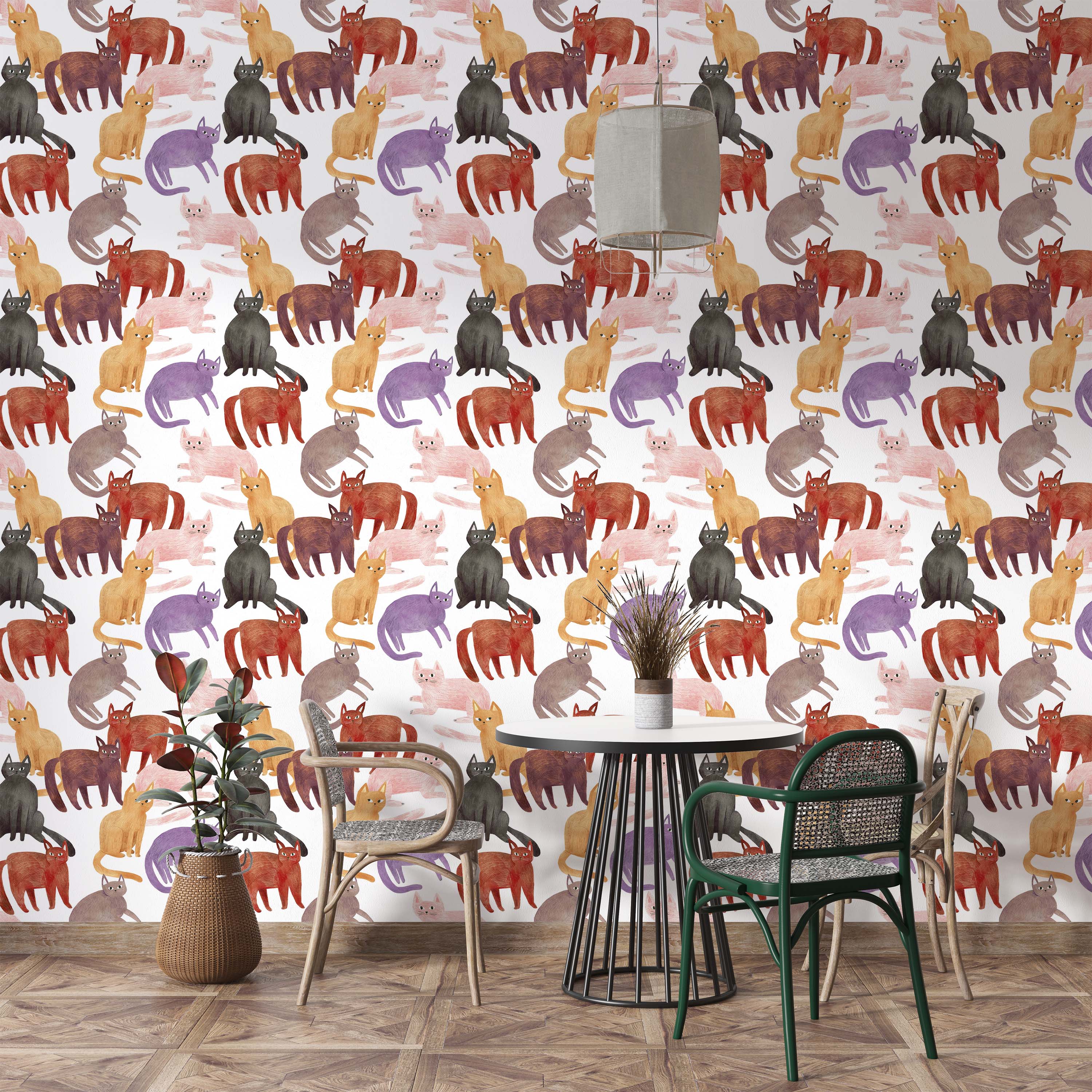 Wallpaper with a repeating pattern of stylized cats in painterly shades of purple, pink, red, black, and ochre on a white background.
