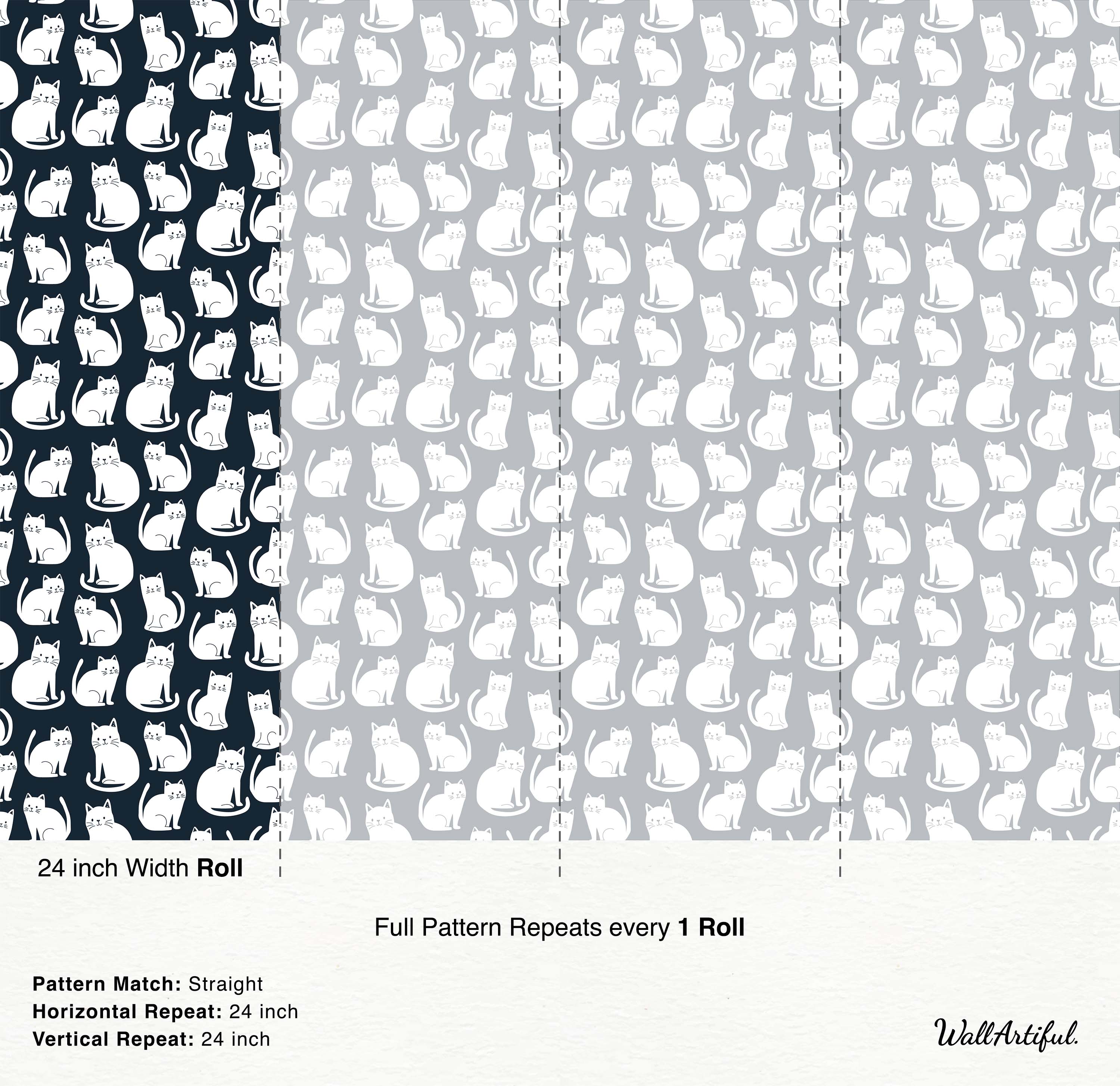 Wallpaper featuring a repeating pattern of simple white illustrated cats in various poses on a light gray background.