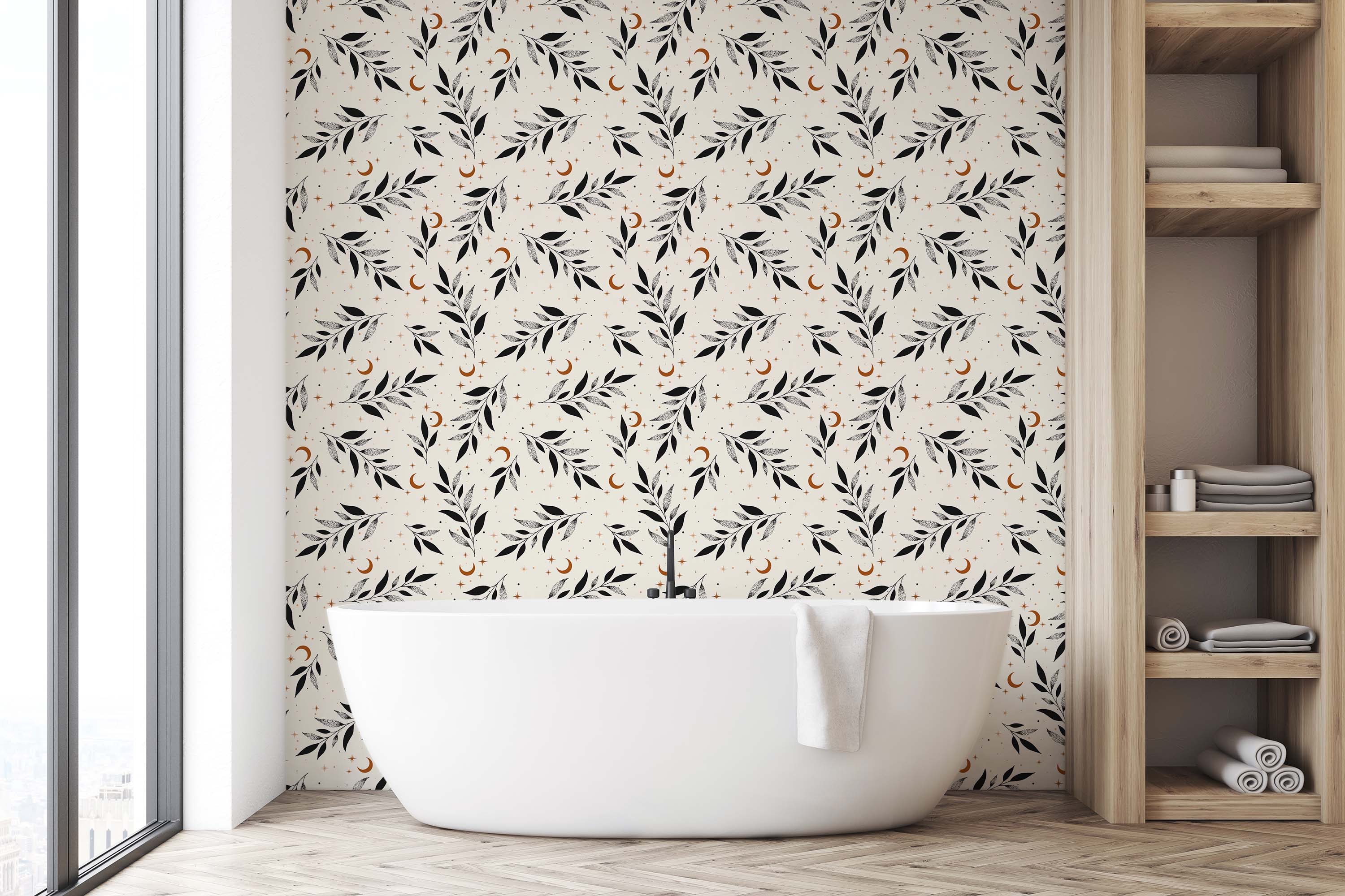 Celestial wallpaper with black leafy branches, copper crescent moons, and stars on a light cream background.