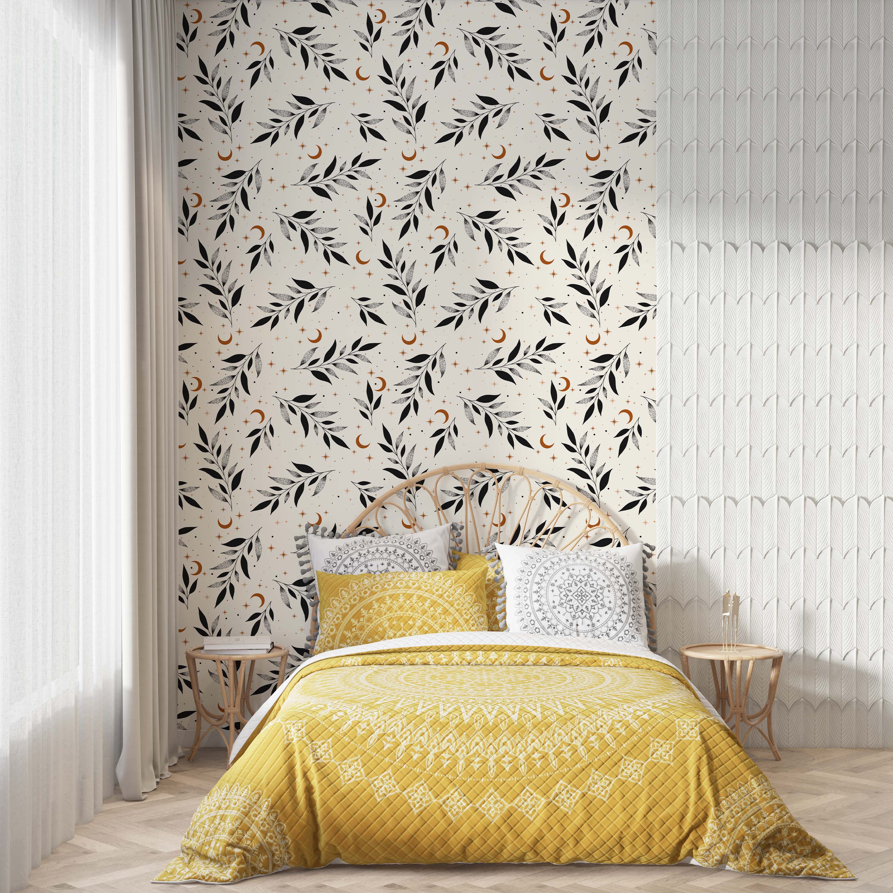 Celestial wallpaper with black leafy branches, copper crescent moons, and stars on a cream background.