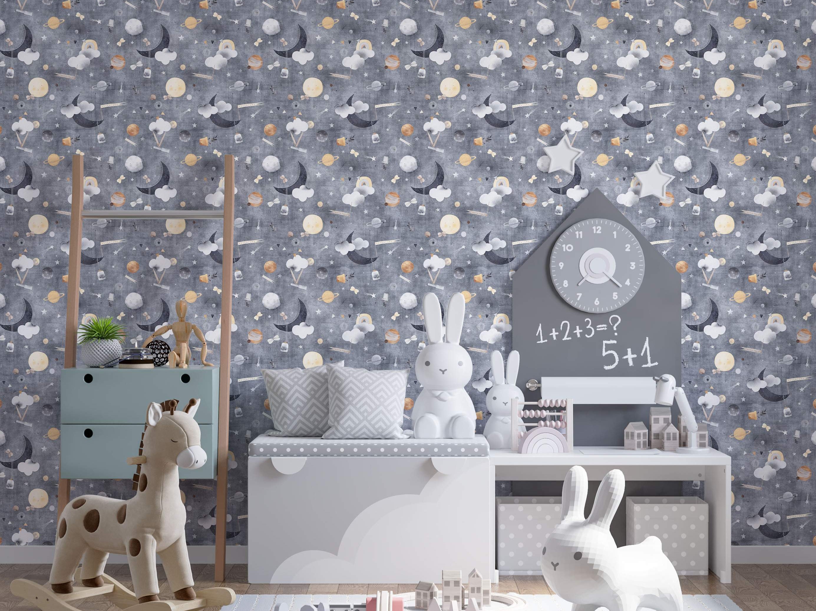 Whimsical celestial wallpaper featuring moons, planets, stars, and clouds in grey, yellow, and white on a textured grey background.