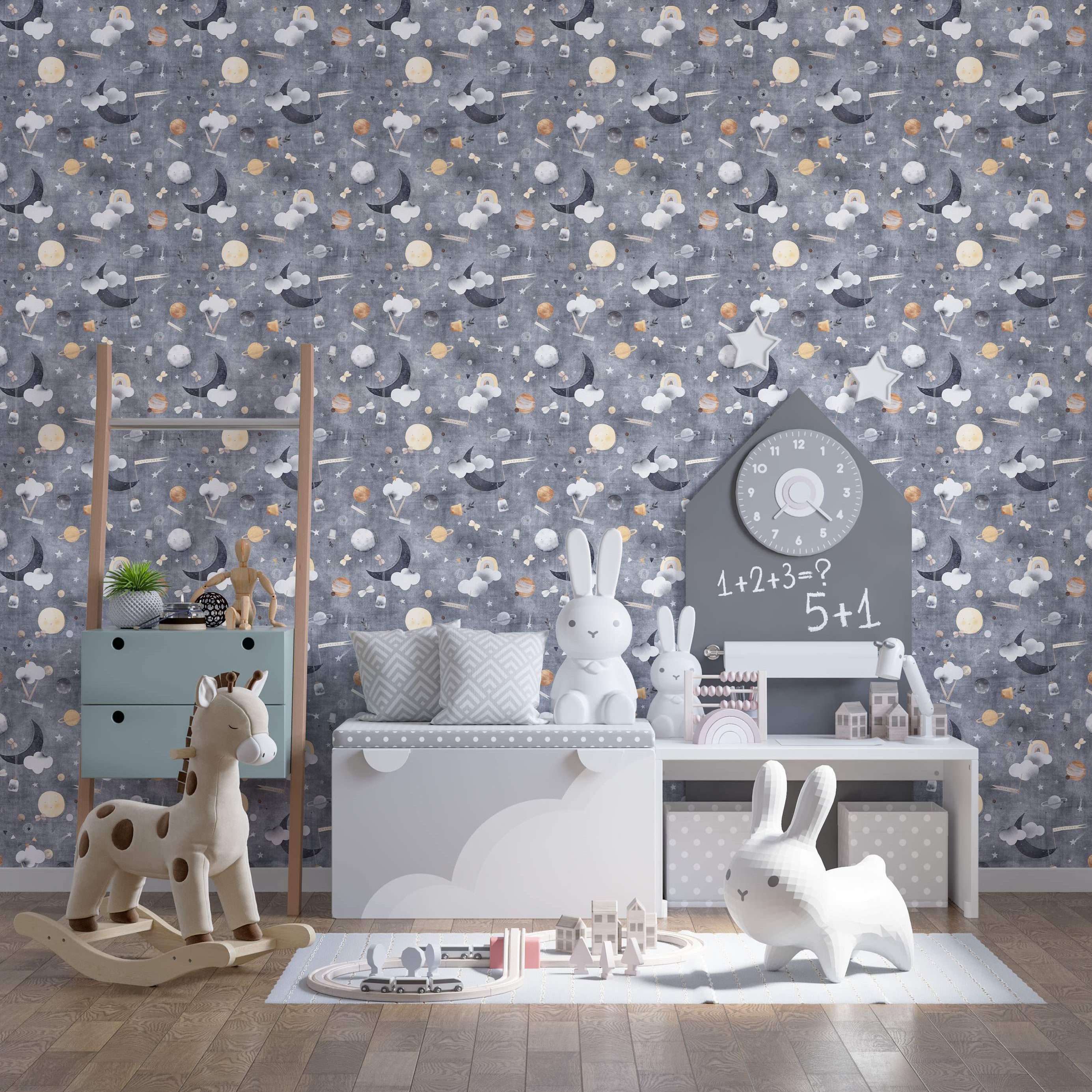 Whimsical celestial wallpaper featuring moons, planets, stars, and clouds in grey, yellow, and white on a textured grey background.