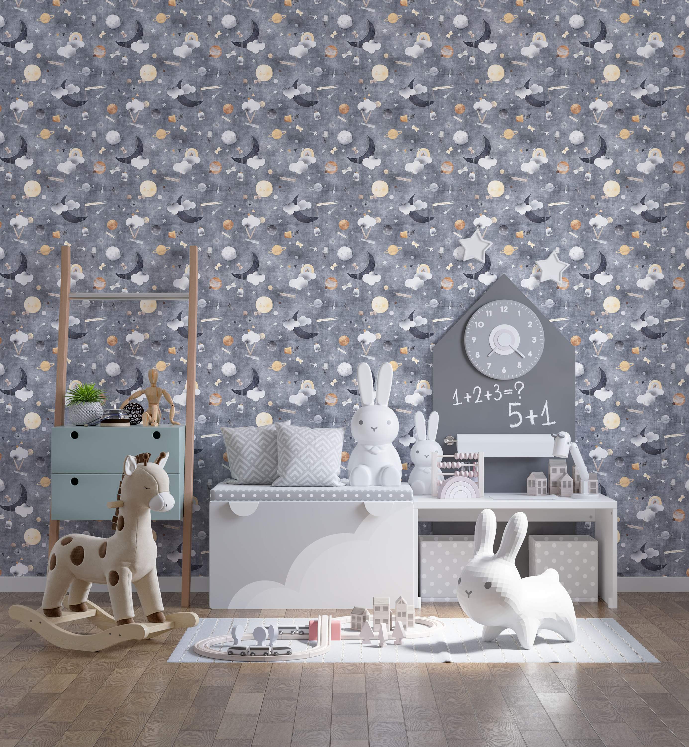 Whimsical celestial wallpaper featuring moons, planets, stars, and clouds in grey, yellow, and white on a textured grey background.