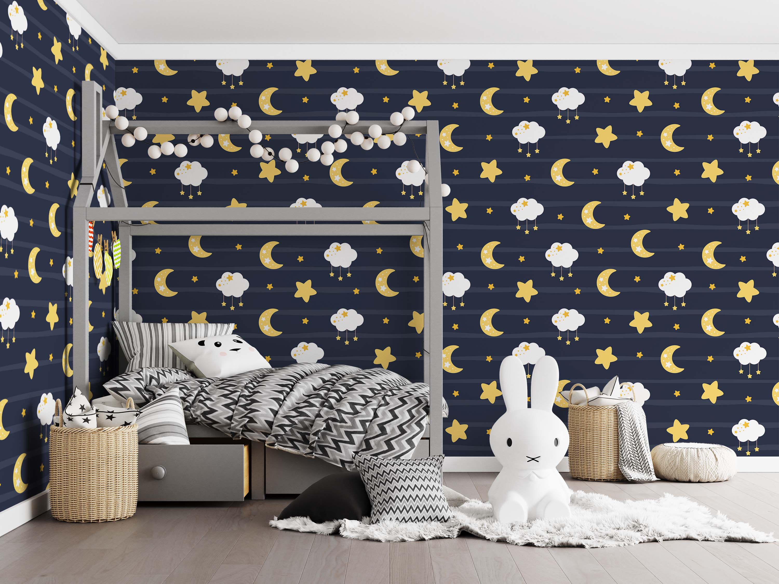 Celestial wallpaper with yellow crescent moons, stars, and white clouds on a dark navy blue background with faint horizontal stripes.