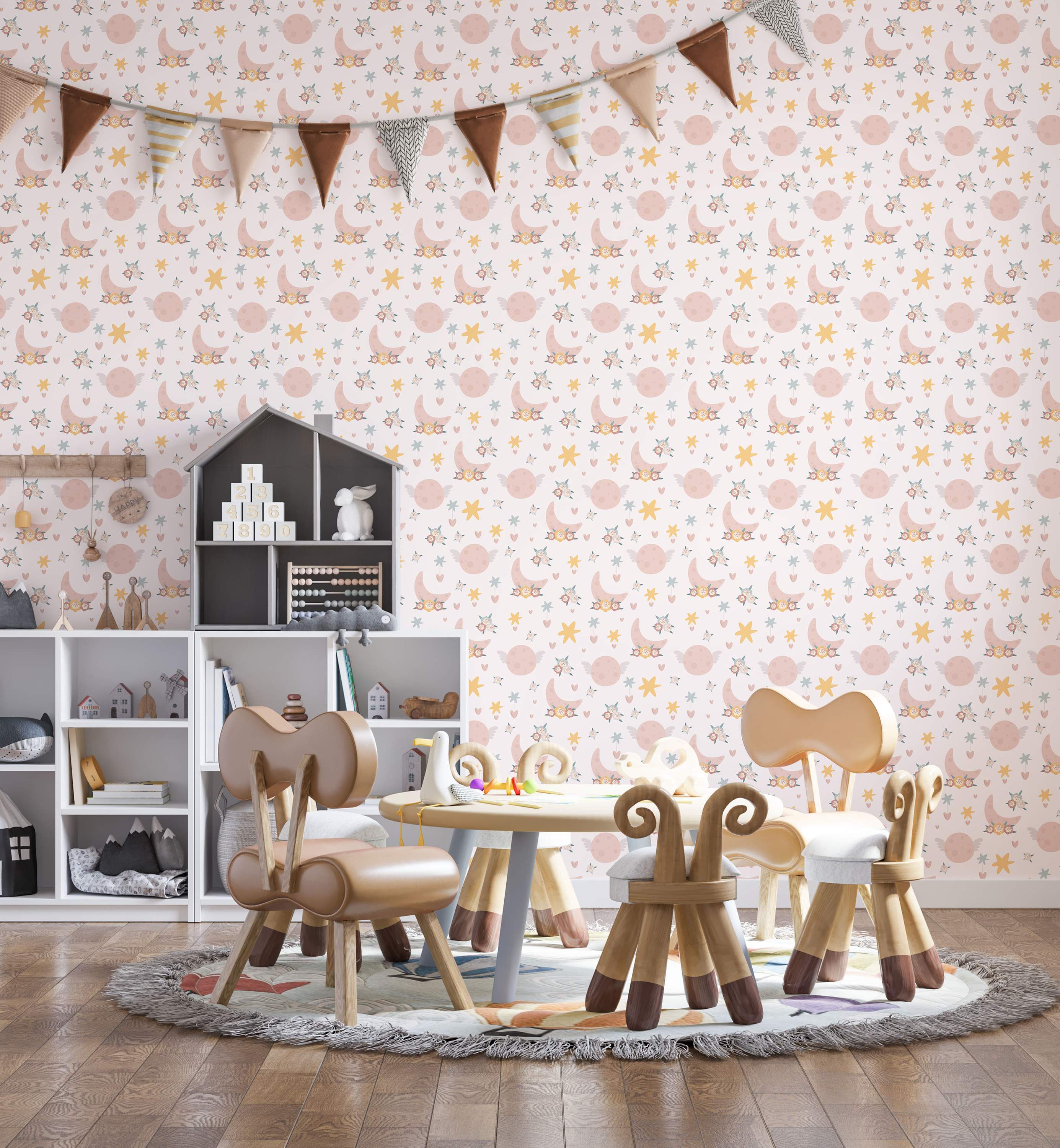 Whimsical wallpaper with pink floral crescent moons, winged planets, yellow and blue stars, and hearts on a light background.