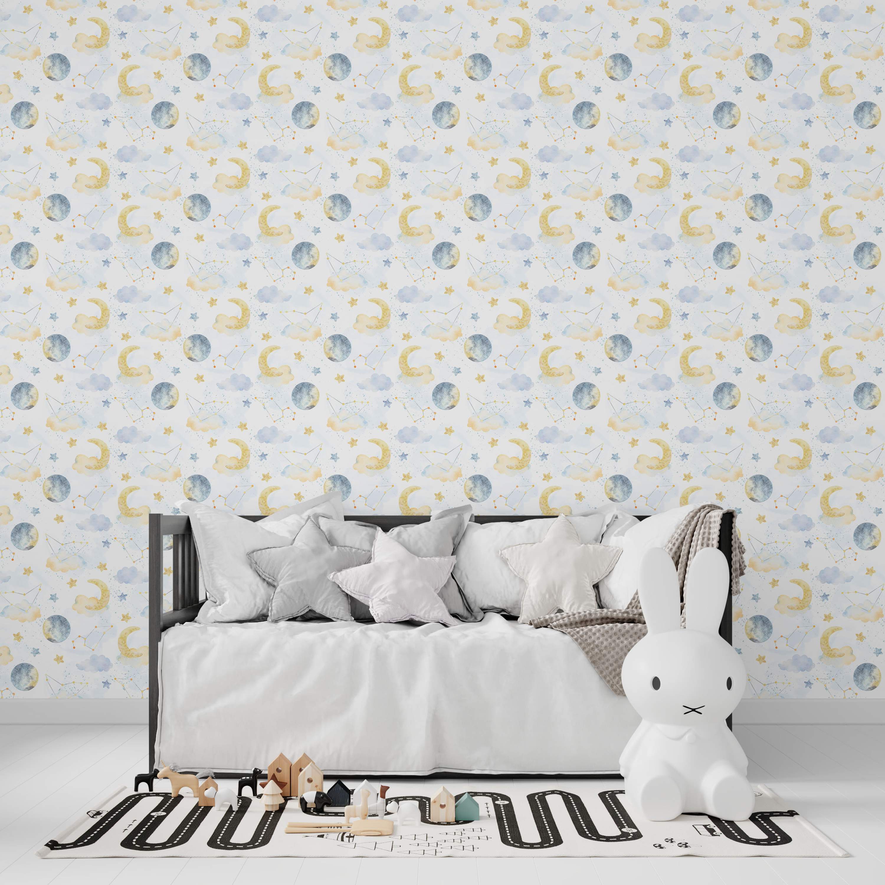 Watercolor celestial wallpaper featuring yellow crescent moons, gray full moons, blue clouds, stars, and constellations on a light background.