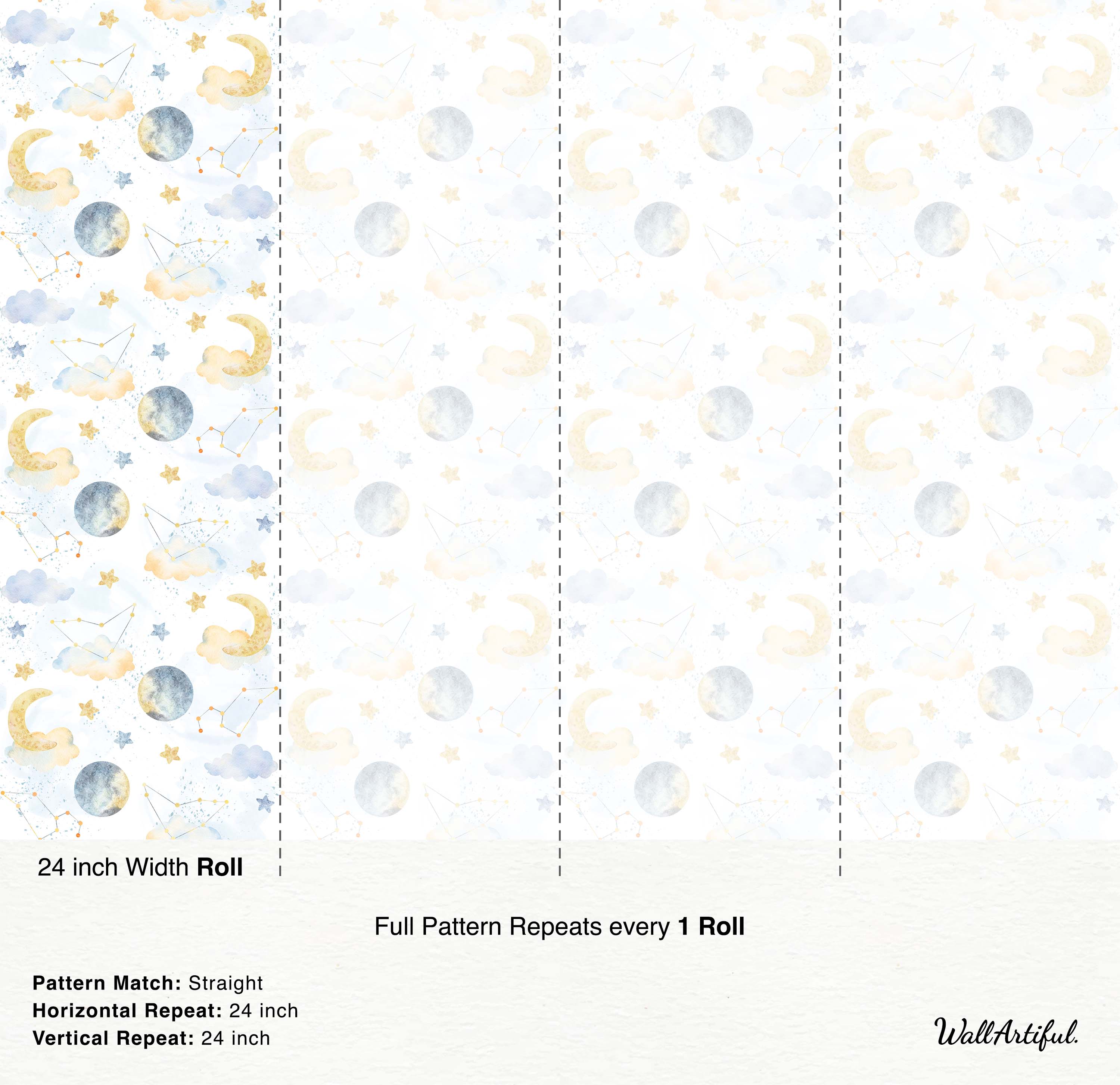 Watercolor celestial wallpaper featuring yellow crescent moons, blue full moons, stars, constellations, and clouds in soft blues and yellows.