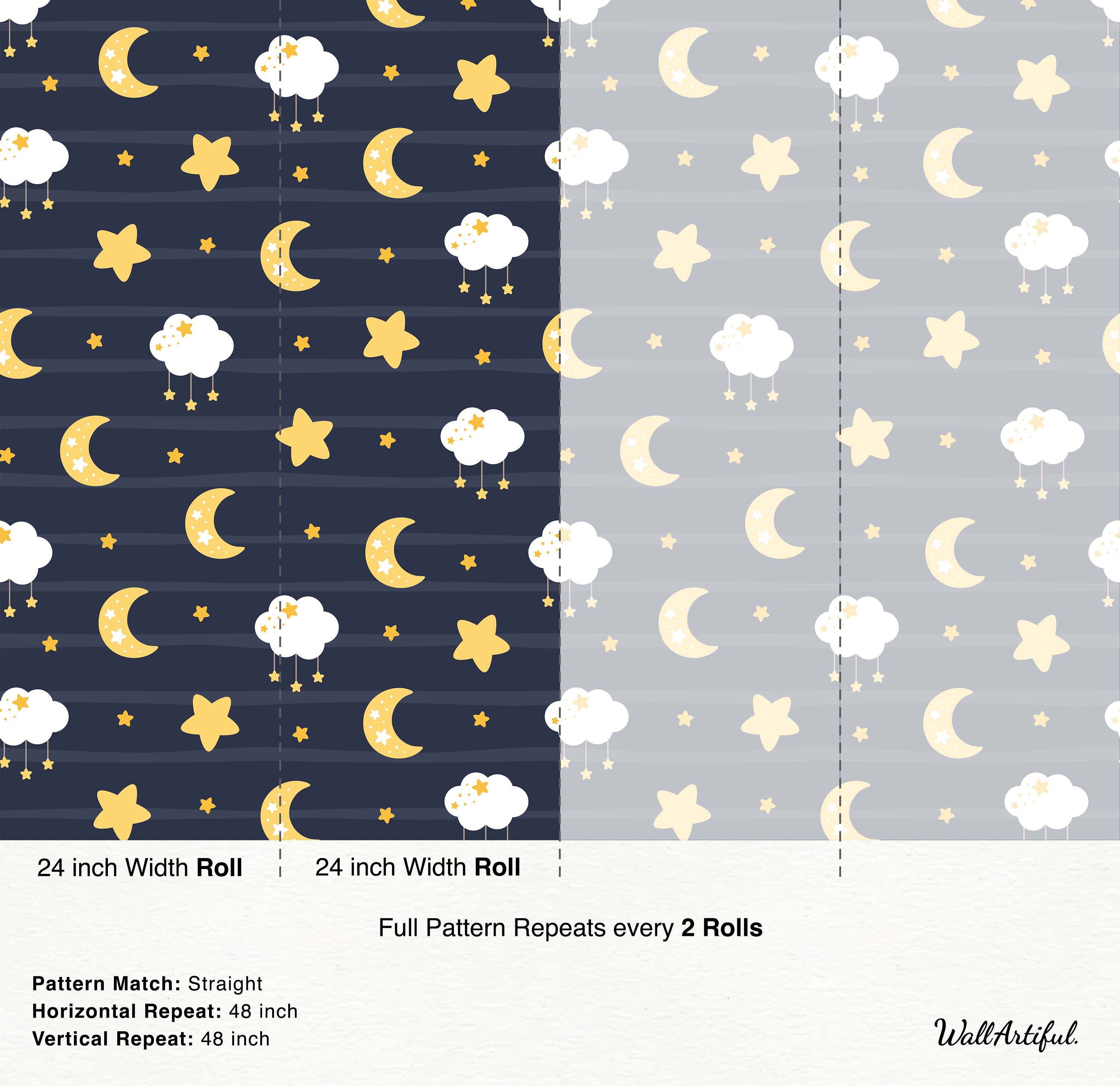 Wallpaper with yellow crescent moons, stars, and white clouds. The design alternates between dark blue and light gray backgrounds.