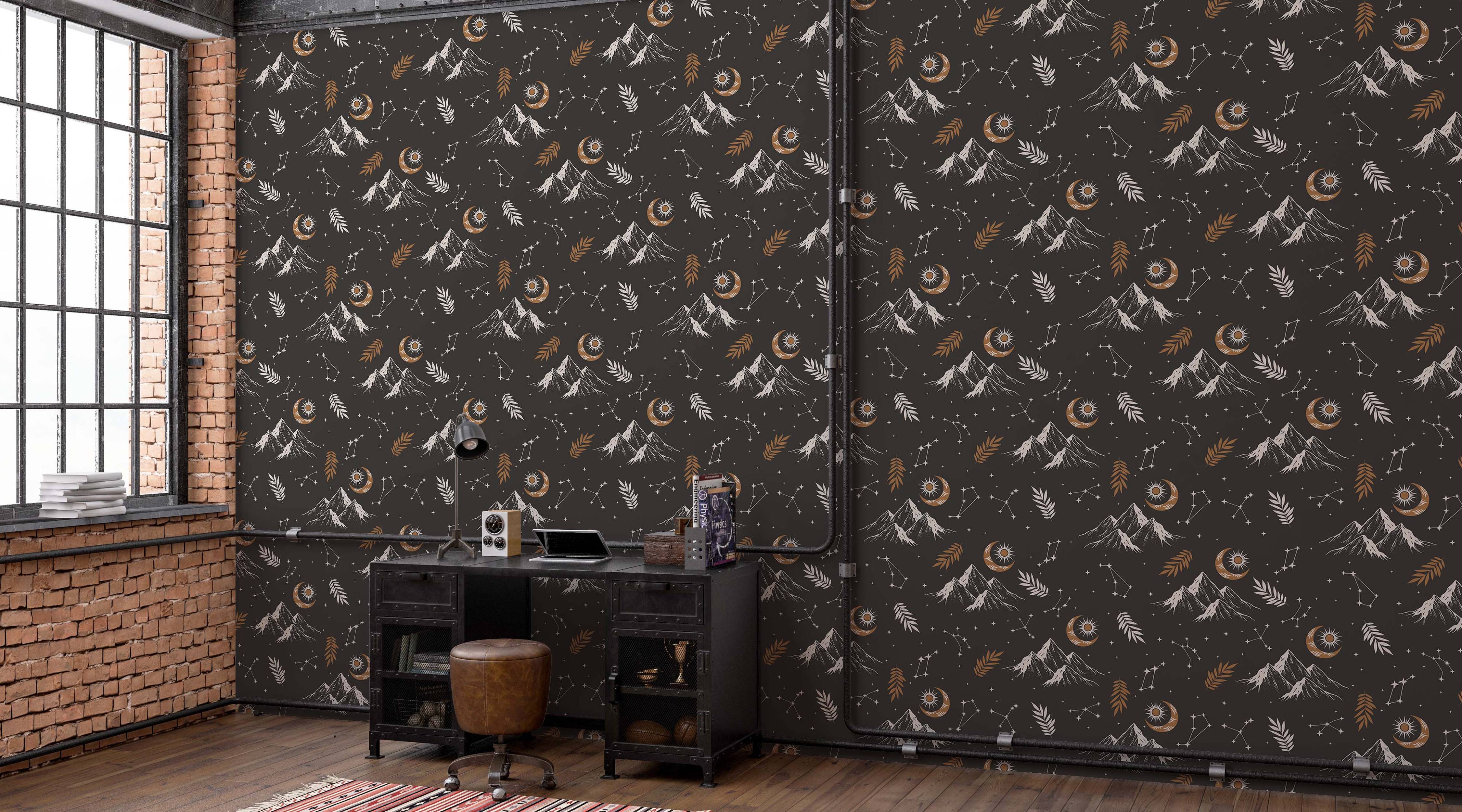 Celestial wallpaper with white mountains, tan crescent moons with suns, white constellations, and leaves on a dark gray background.