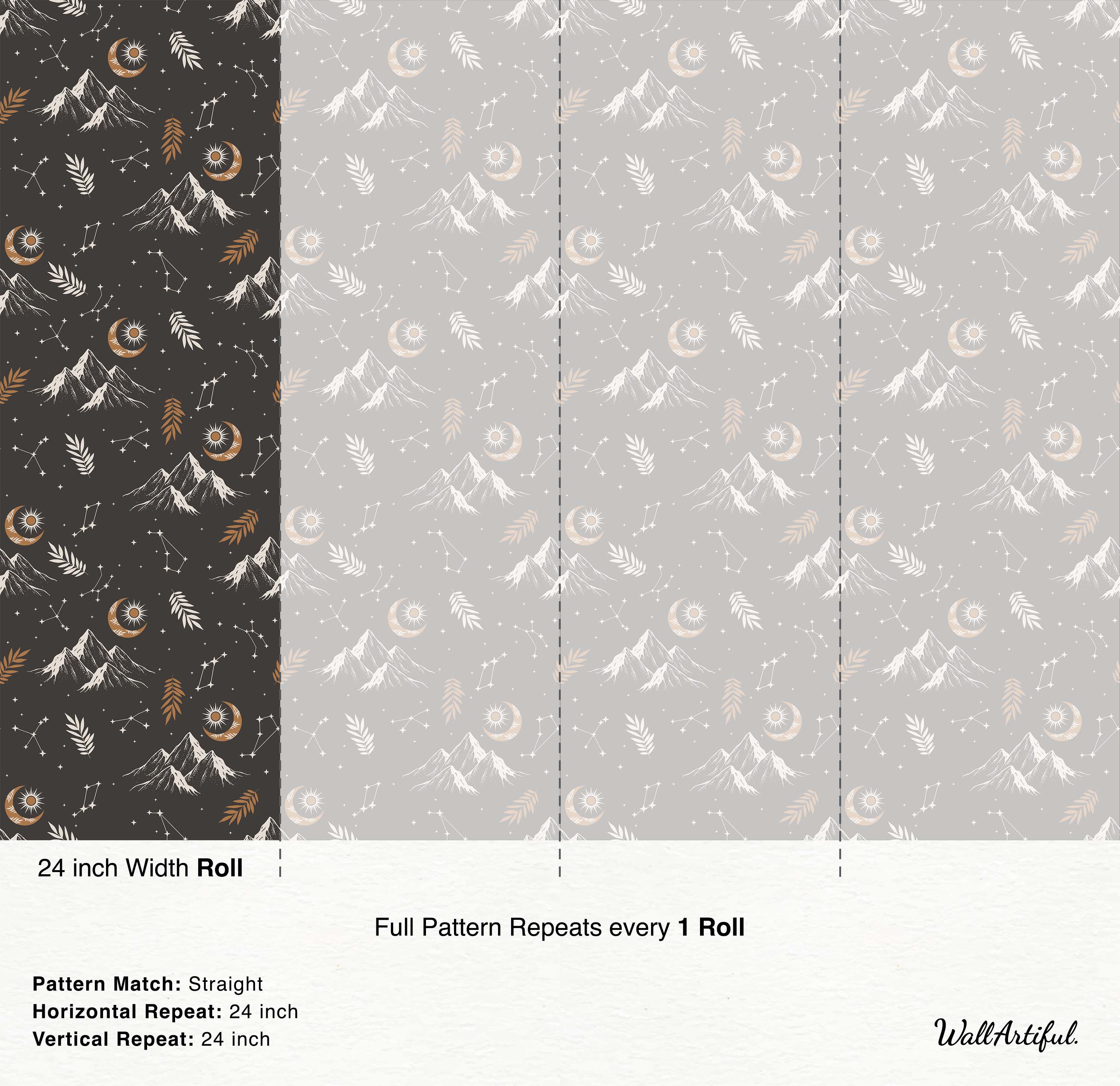Dark gray celestial wallpaper: white mountains, tan & white moons, suns, stars, leaves. Repeats shown on light gray.