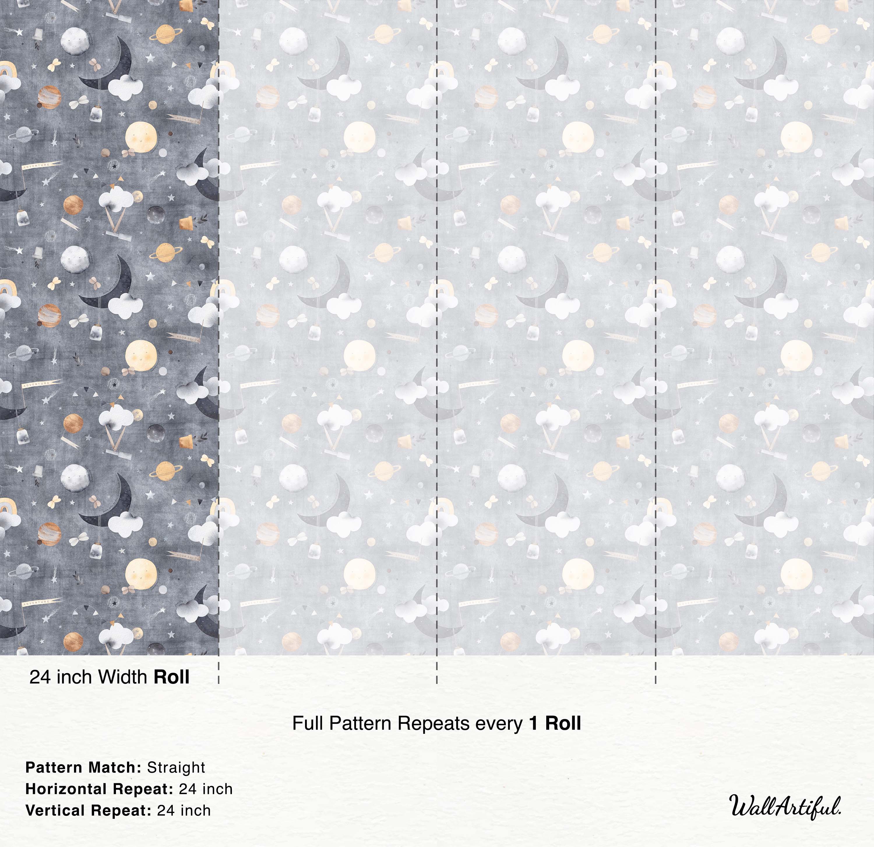 Cute space themed wallpaper with watercolor moons, planets, stars, and clouds in gray, yellow, and white on a textured gray backdrop.