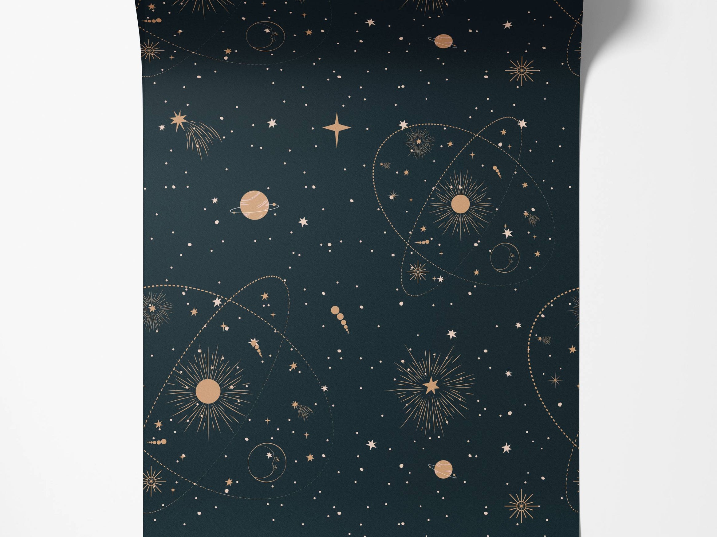 Dark blue wallpaper with a celestial pattern featuring gold stars, planets, sunbursts, and orbital lines.
