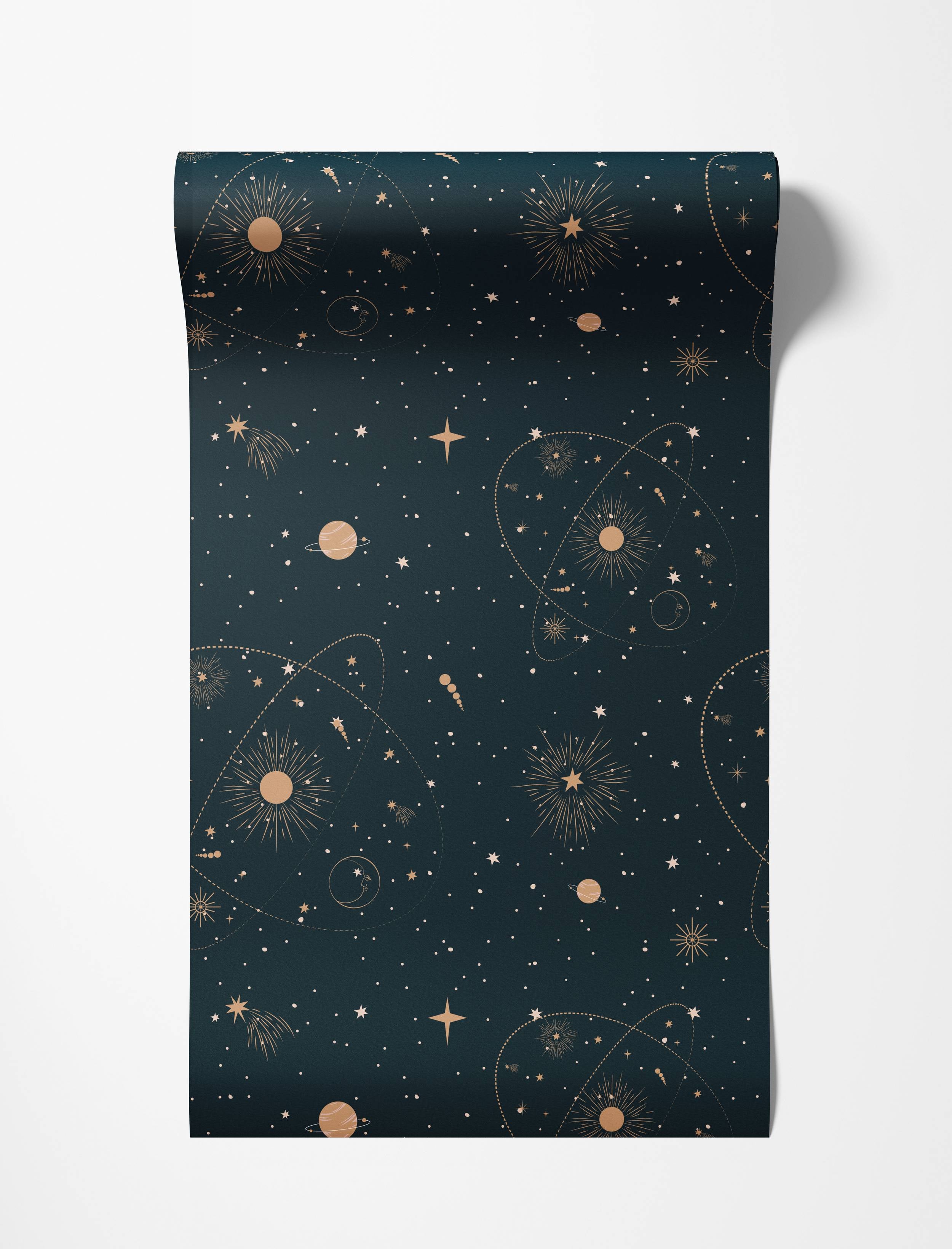 Dark blue wallpaper with a celestial pattern featuring gold stars, planets, sunbursts, and orbital lines.