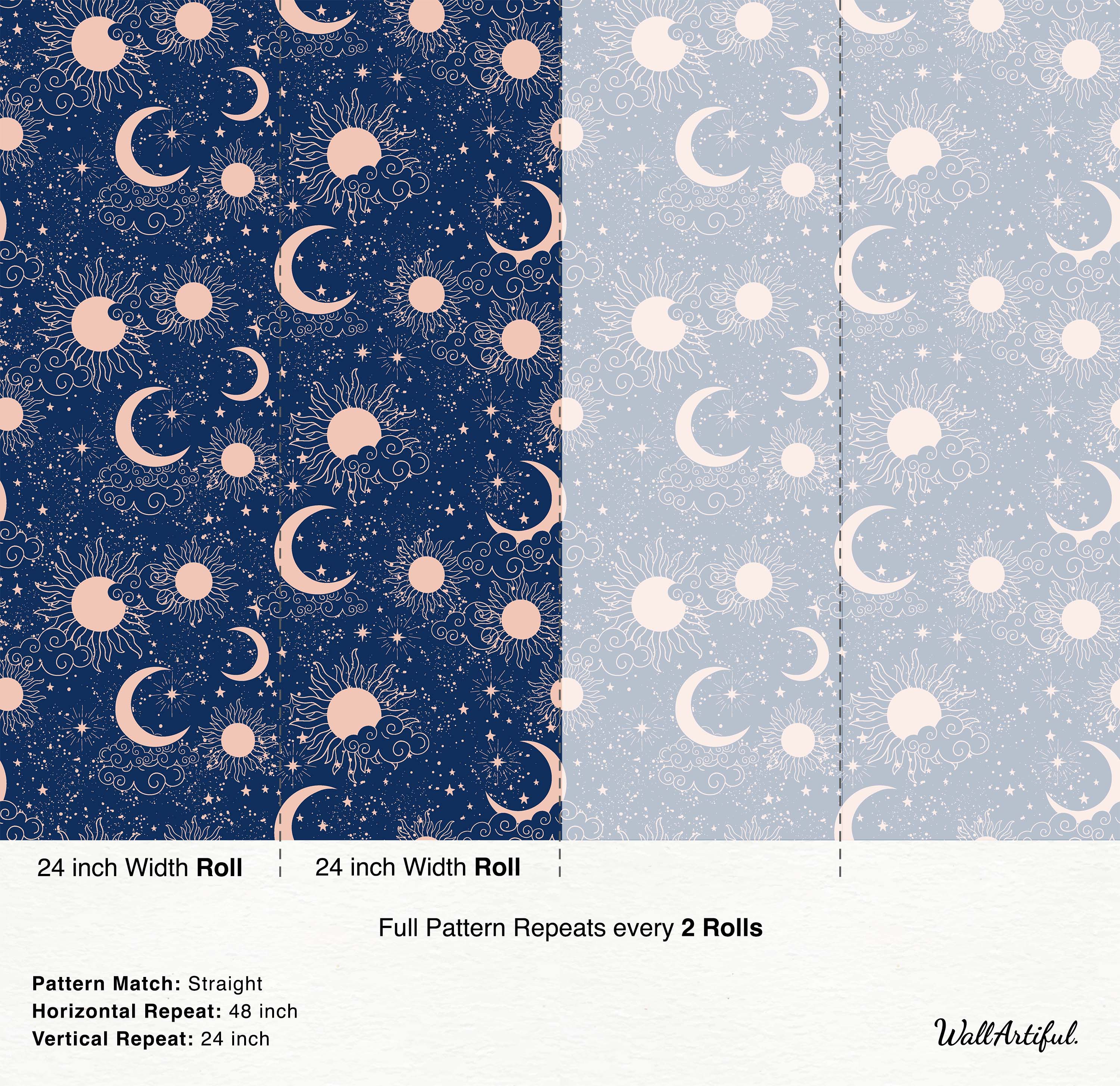Wallpaper featuring a celestial pattern with pink suns, moons, stars, and clouds on dark blue and light blue backgrounds.