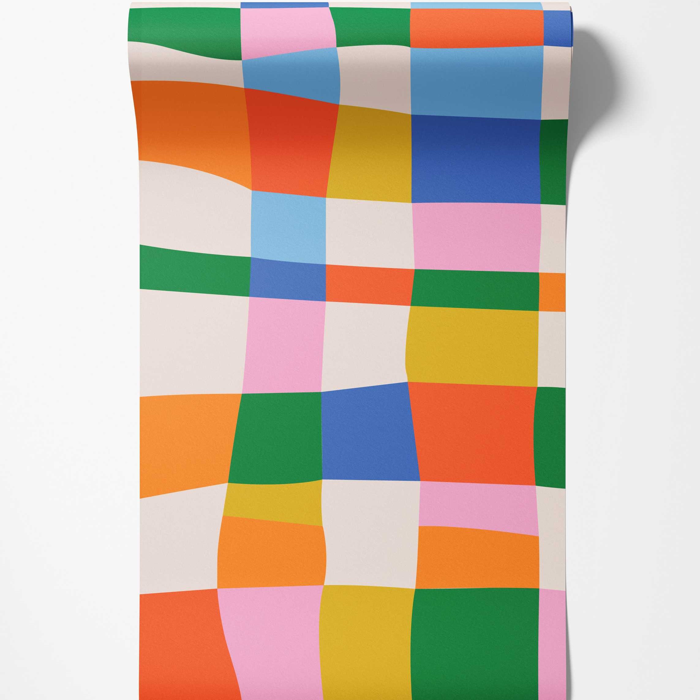 Vibrant checkered wallpaper with wavy multicolor blocks