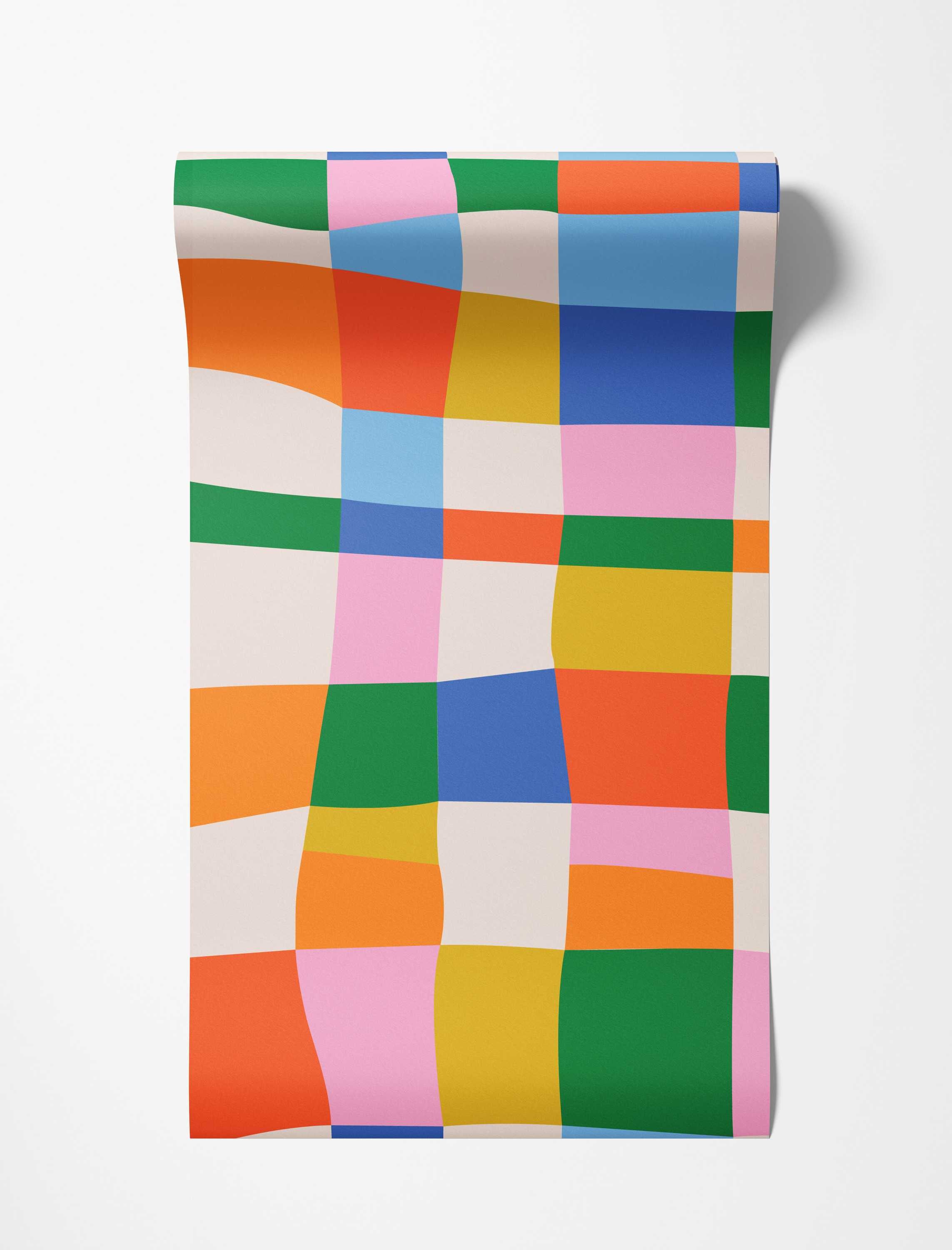 Vibrant checkered wallpaper with wavy multicolor blocks