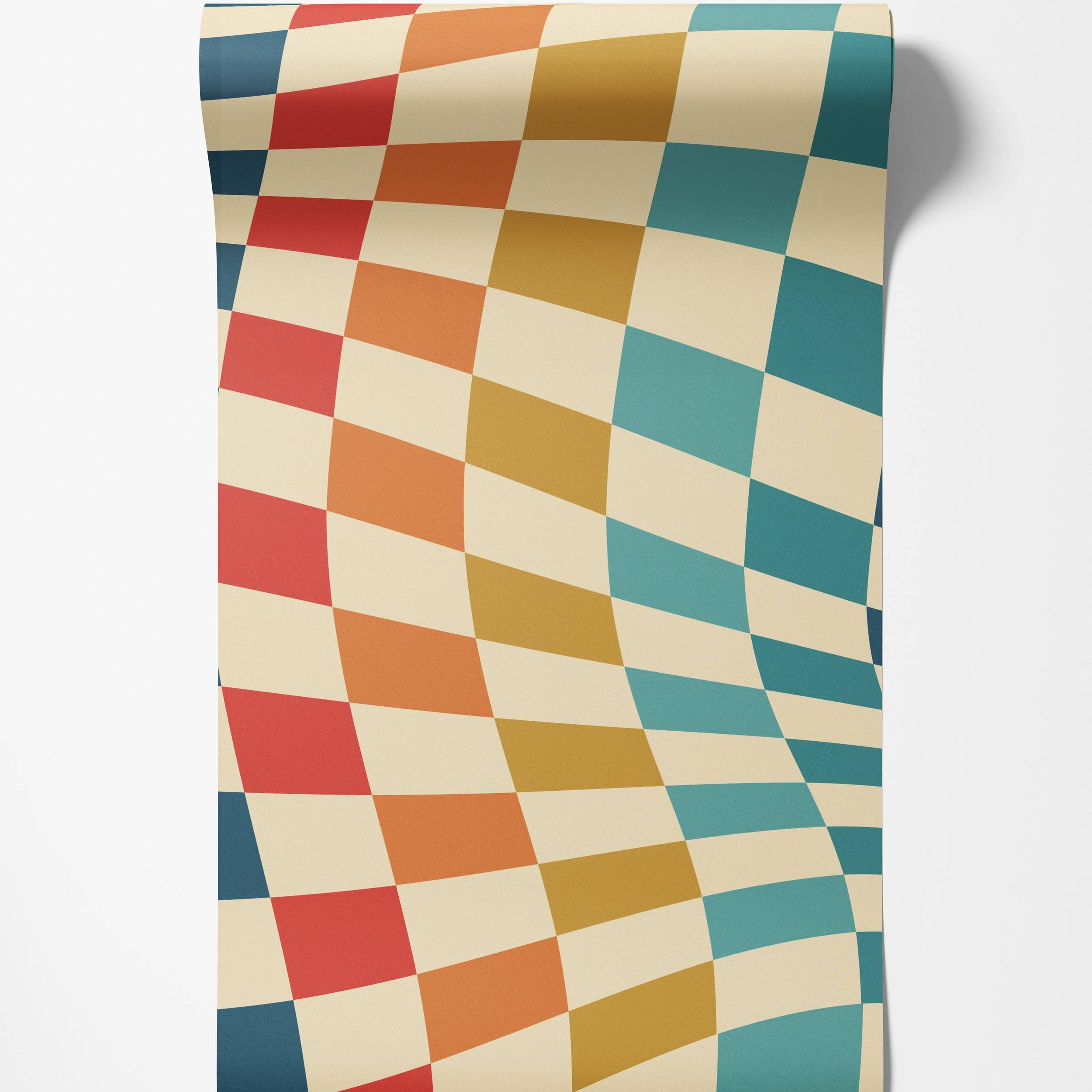 Wallpaper featuring a wavy checkerboard pattern in retro colors: blue, red, orange, mustard yellow, and cream.