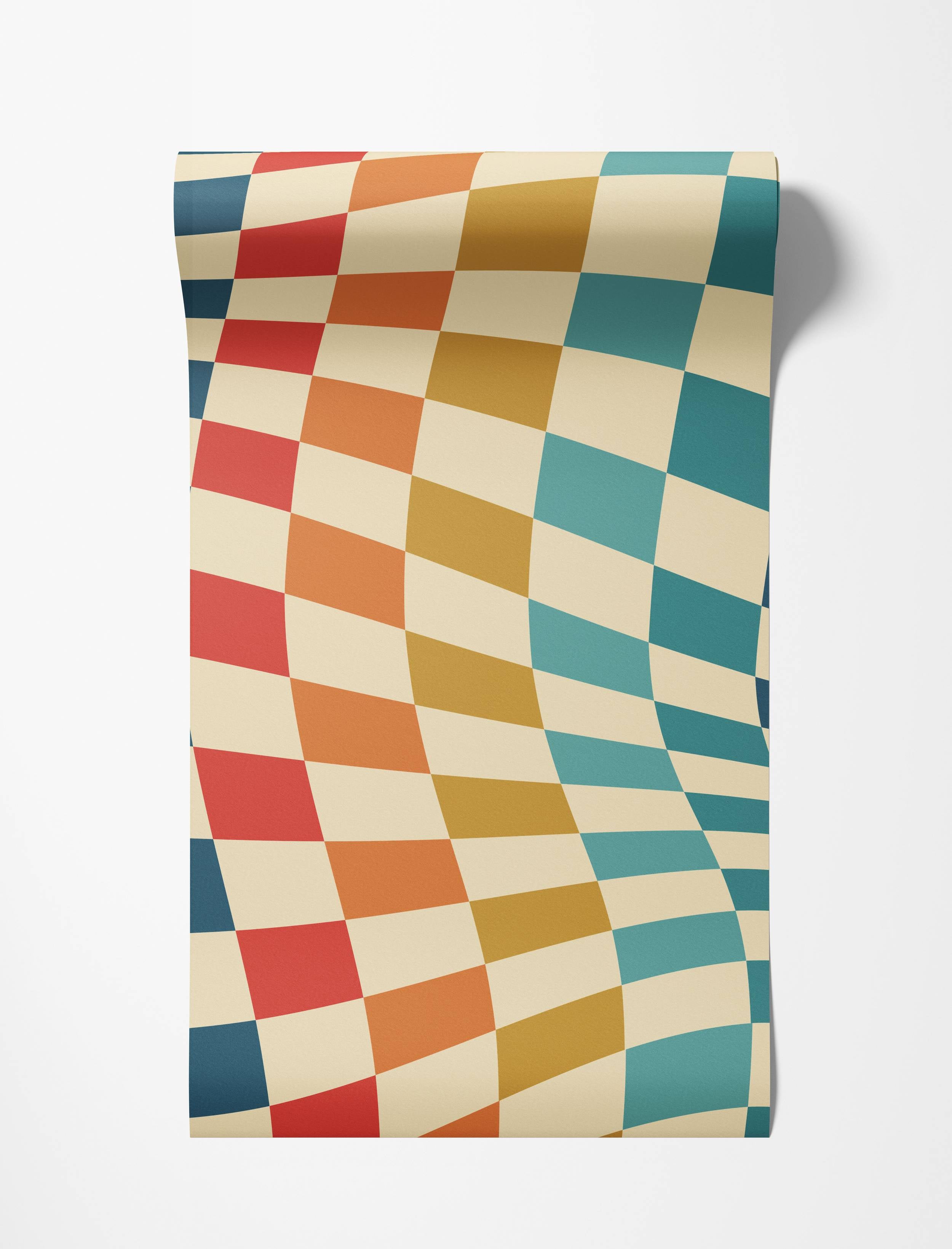 Wallpaper featuring a wavy checkerboard pattern in retro colors: blue, red, orange, mustard yellow, and cream.