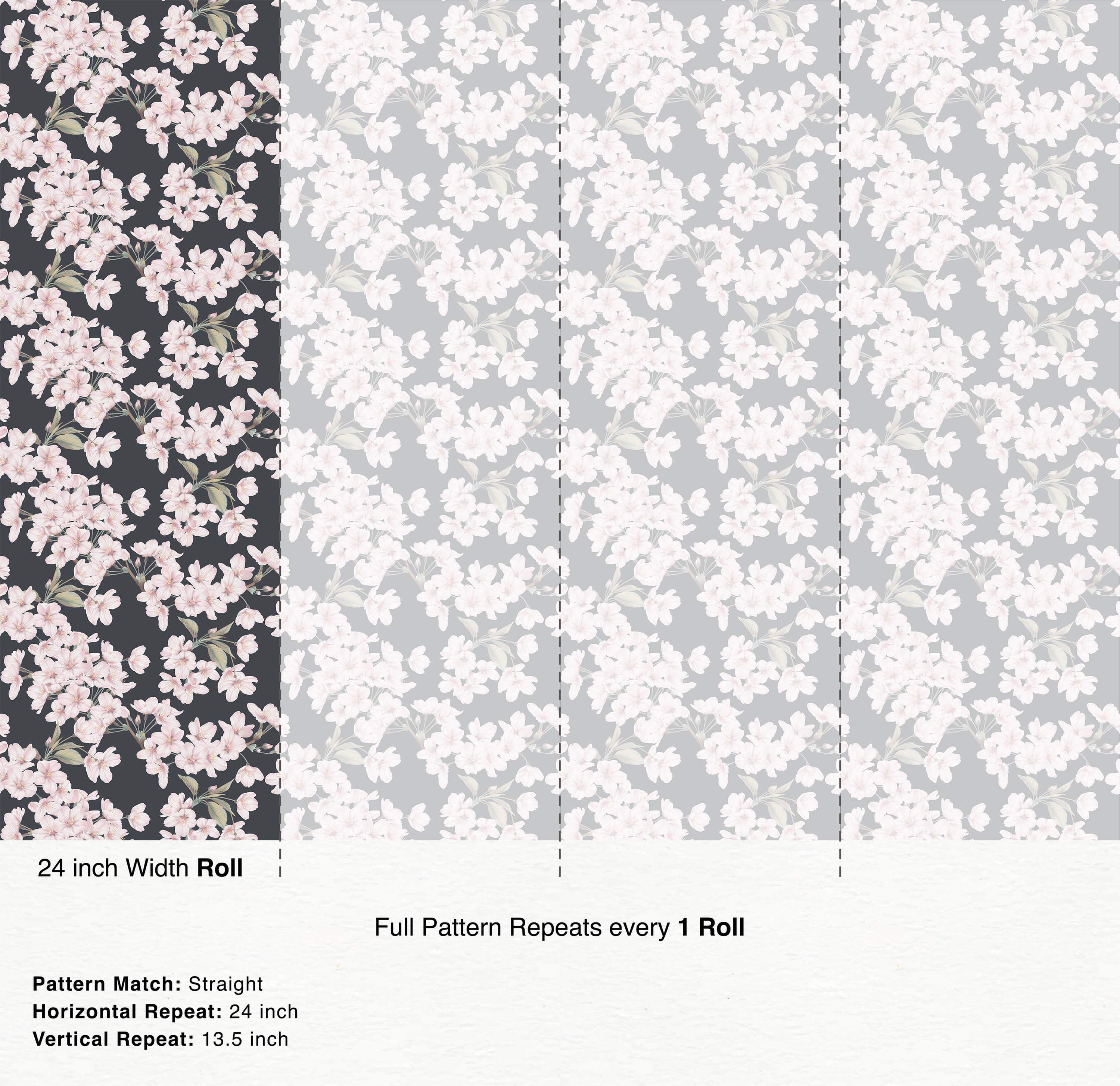 Wallpaper featuring painterly pink cherry blossom branches with green leaves against a dark charcoal gray background.