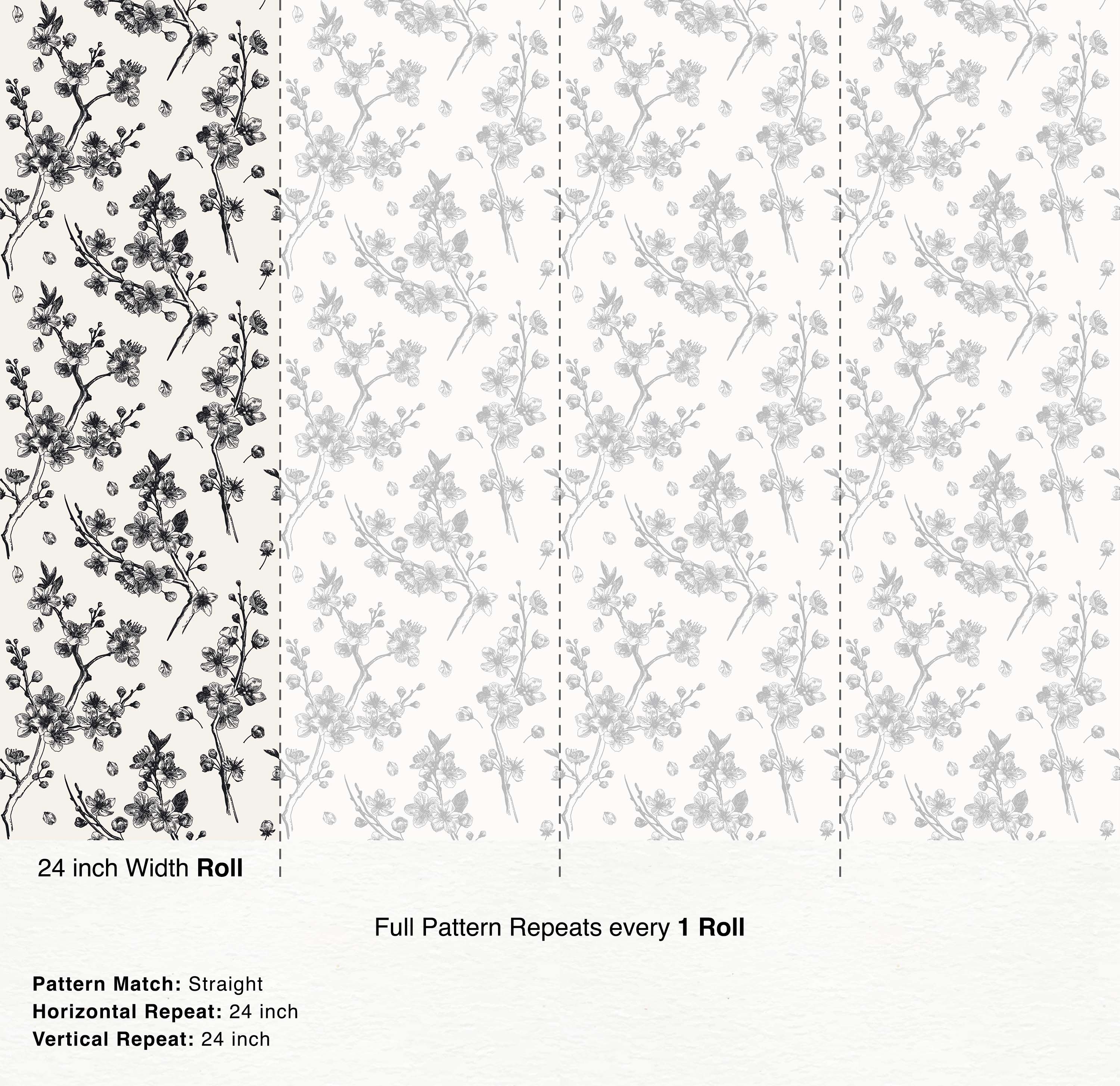 Black sketch-style cherry blossom branches and petals drift across a white wallpaper background.