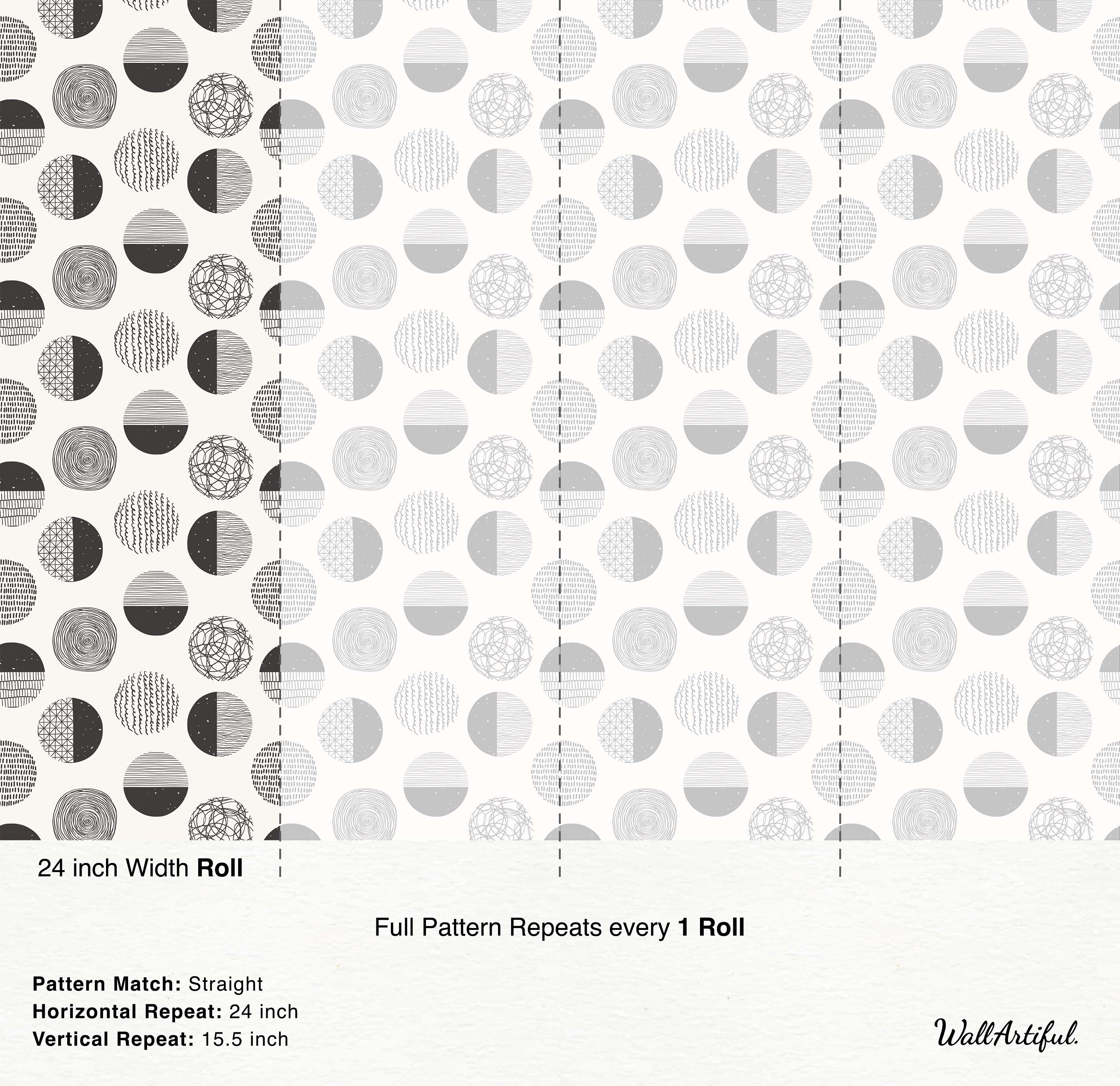Wallpaper featuring abstract circles with varied hand-drawn patterns in black and grey on a light cream background.