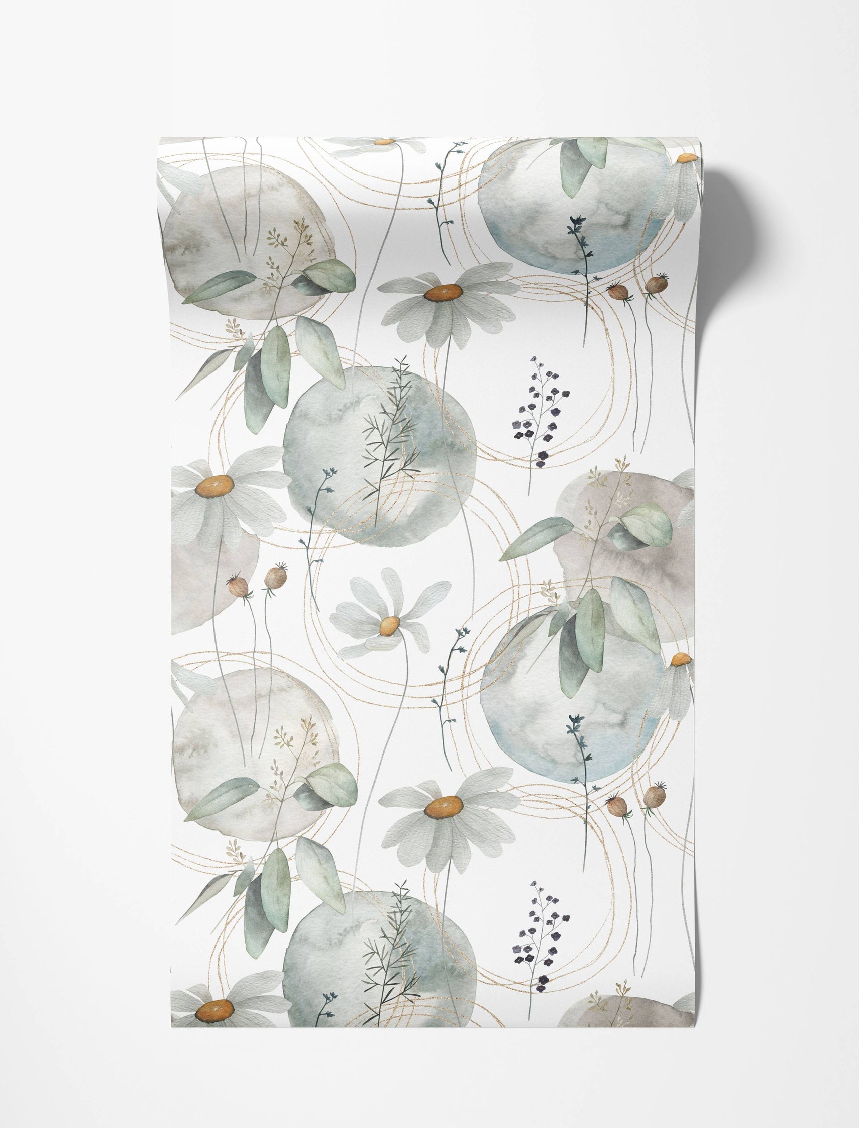 Wallpaper with a soft floral pattern of watercolor daisies and leaves, set against muted circles with fine gold line accents.