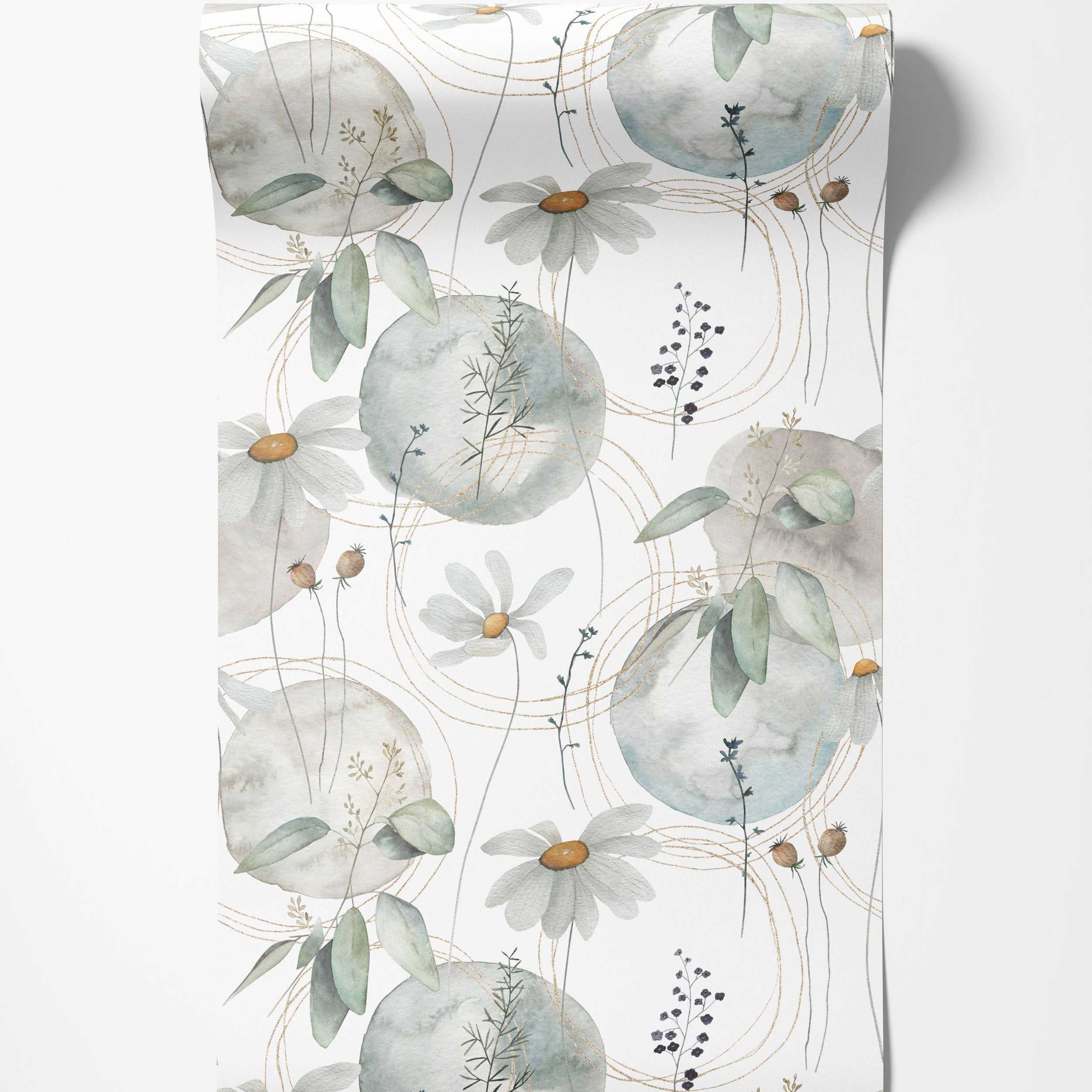 Wallpaper with a soft floral pattern of watercolor daisies and leaves, set against muted circles with fine gold line accents.