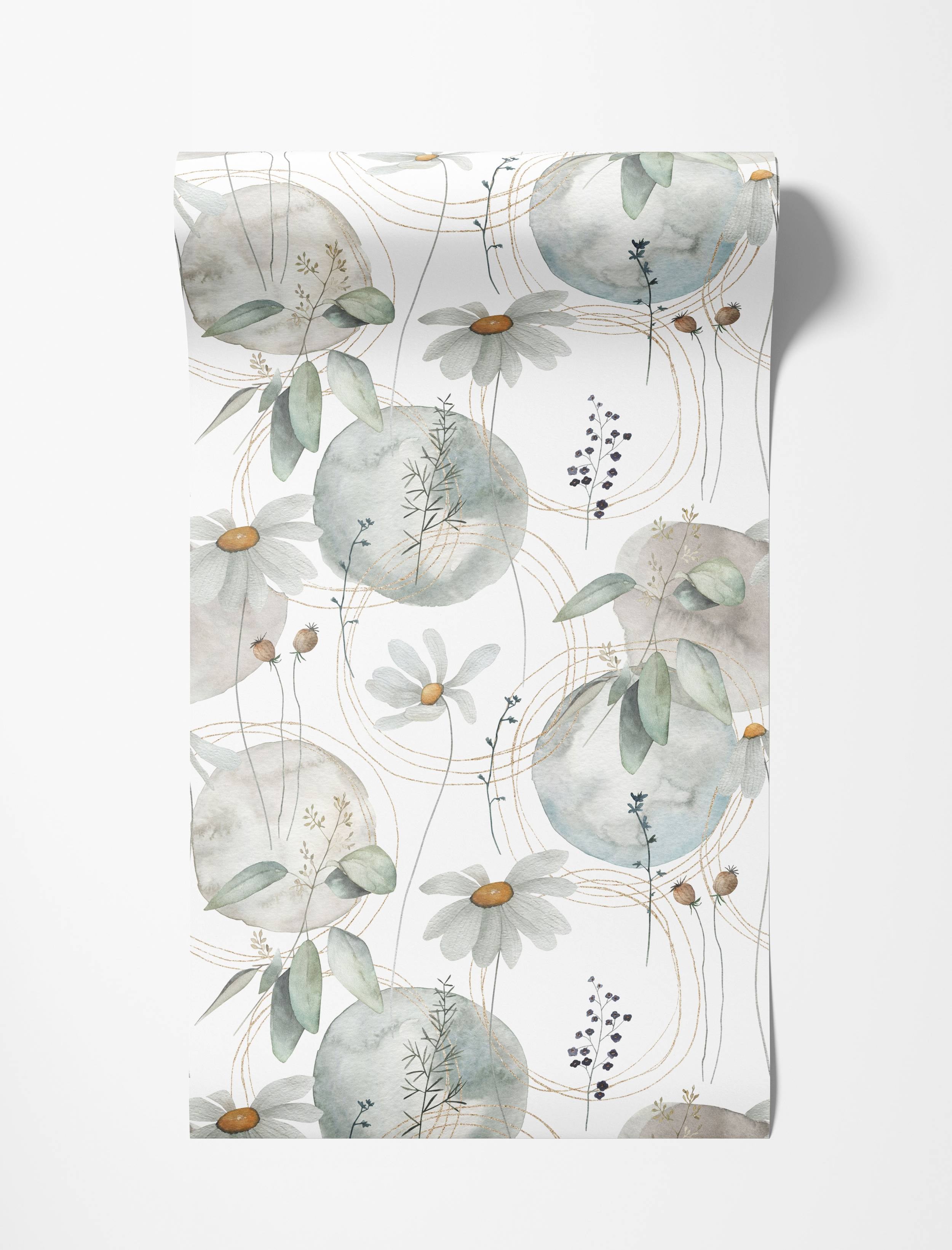 Wallpaper with a soft floral pattern of watercolor daisies and leaves, set against muted circles with fine gold line accents.