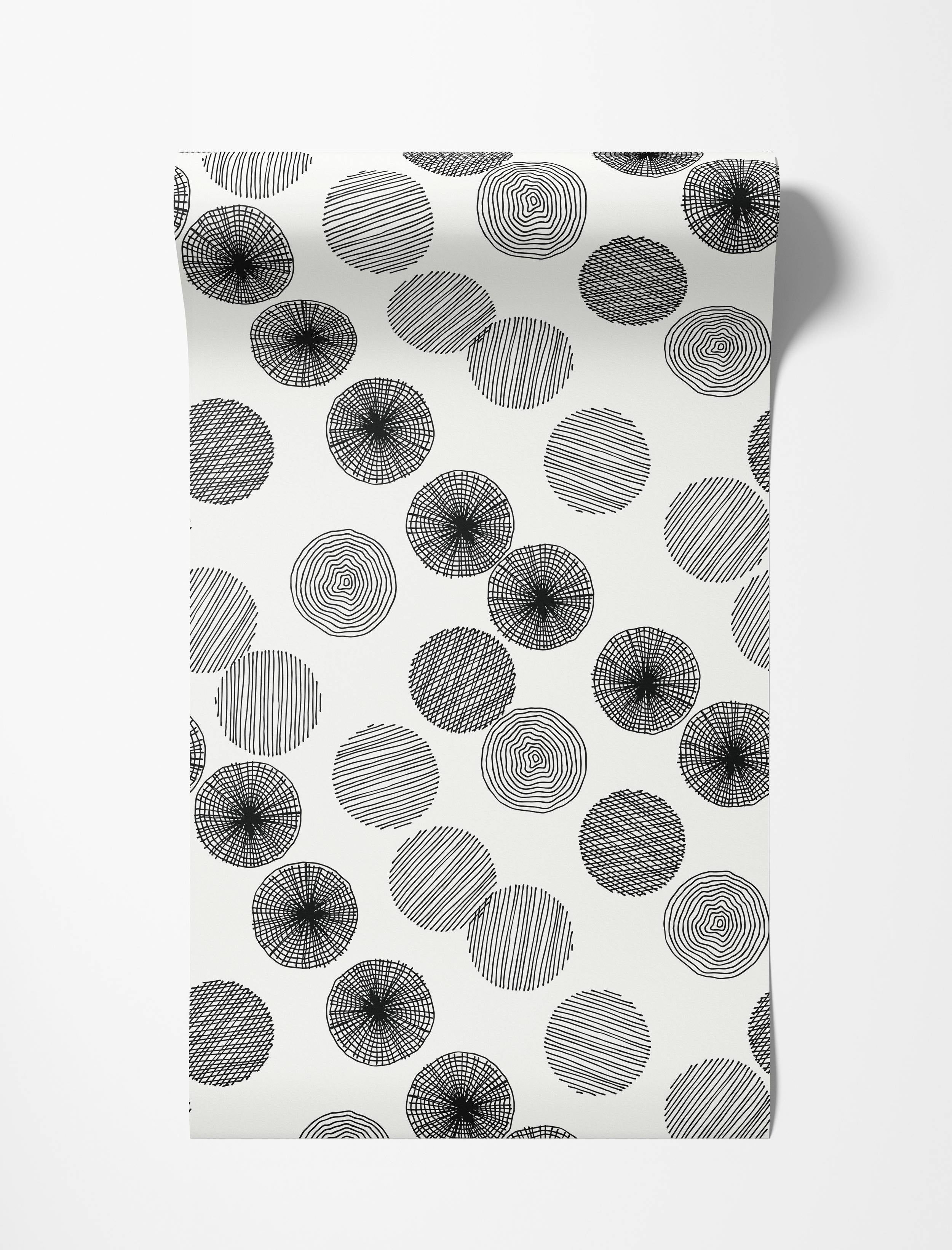 Black and white wallpaper with sketched circles filled with diverse line patterns like concentric rings and hatching.