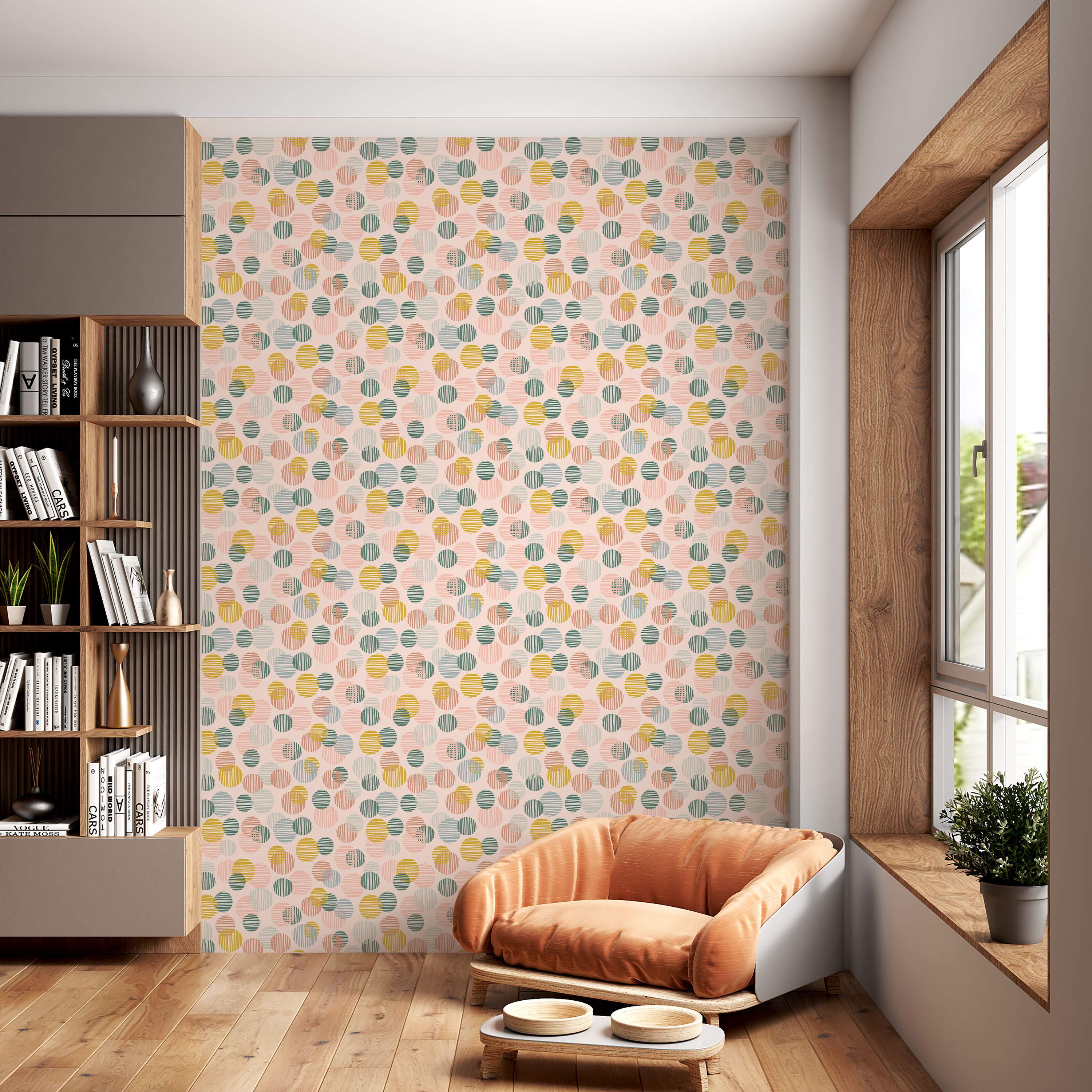 Geometric wallpaper featuring overlapping, line-textured circles in yellow, teal, and pale blue against a pink base.