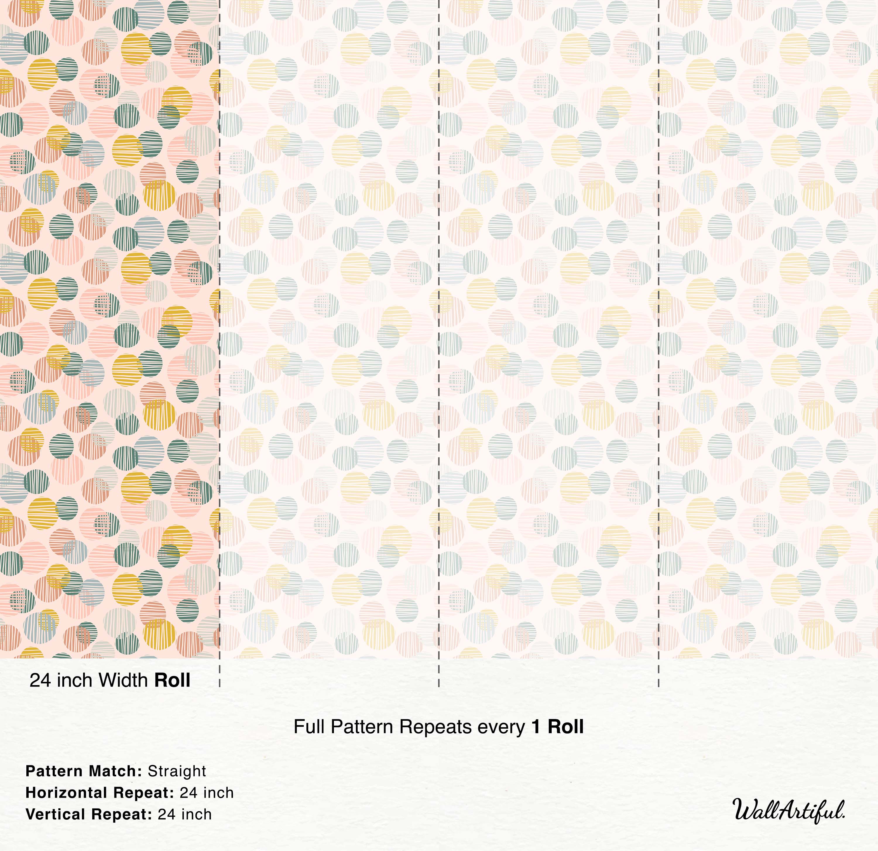 Wallpaper with overlapping textured circles in muted pink, yellow, teal, and blue-grey on a light background.