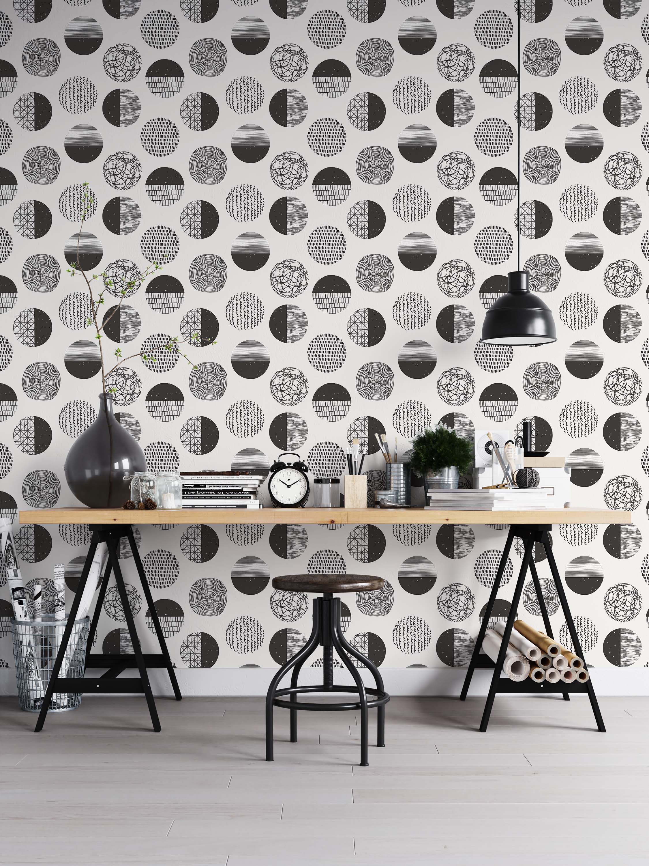 Black and white wallpaper with a repeating pattern of circles, each filled with different hand-drawn textures like lines and scribbles.