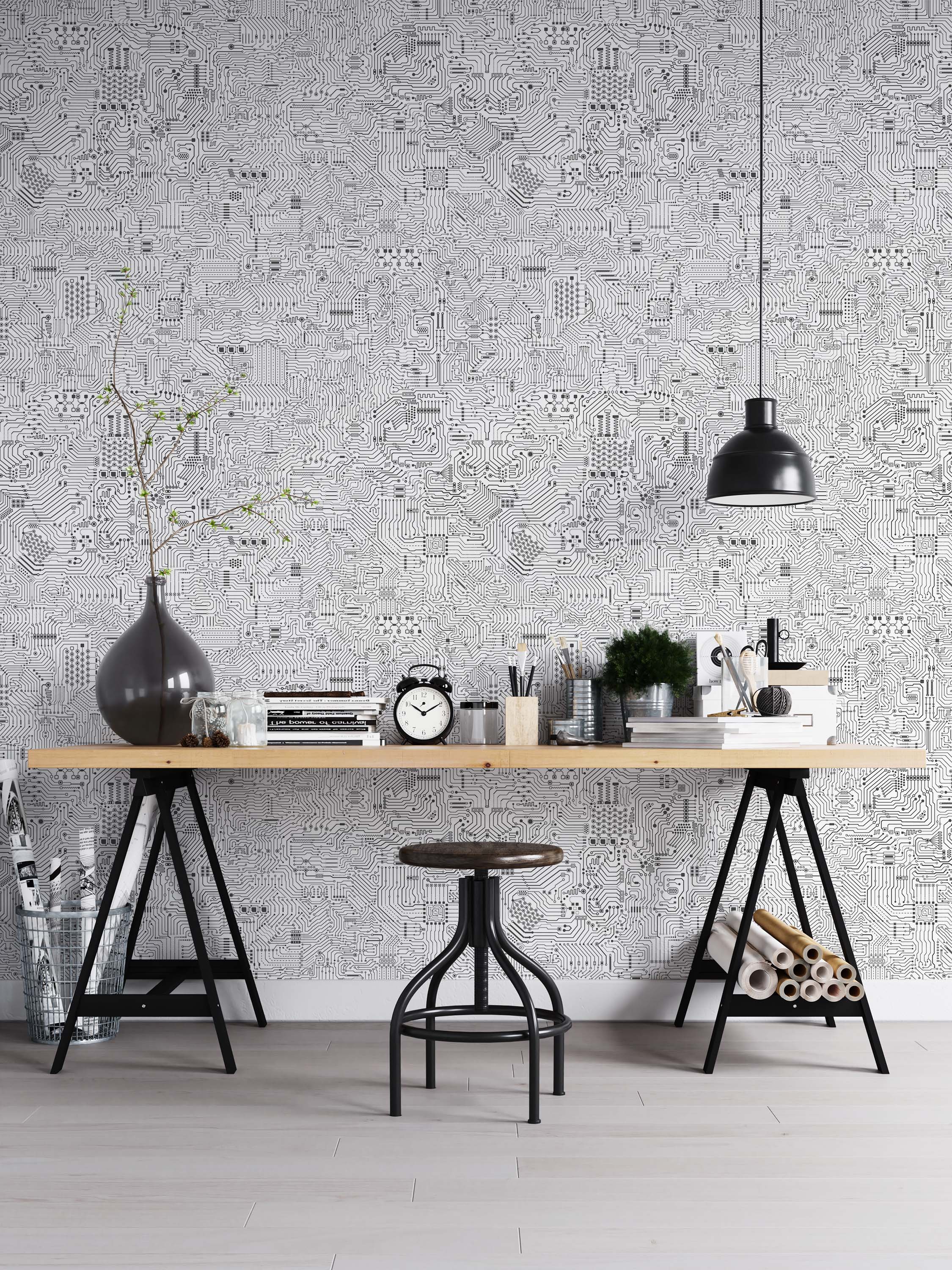 Black and white wallpaper featuring a detailed, intricate circuit board pattern with fine lines and various electronic components.