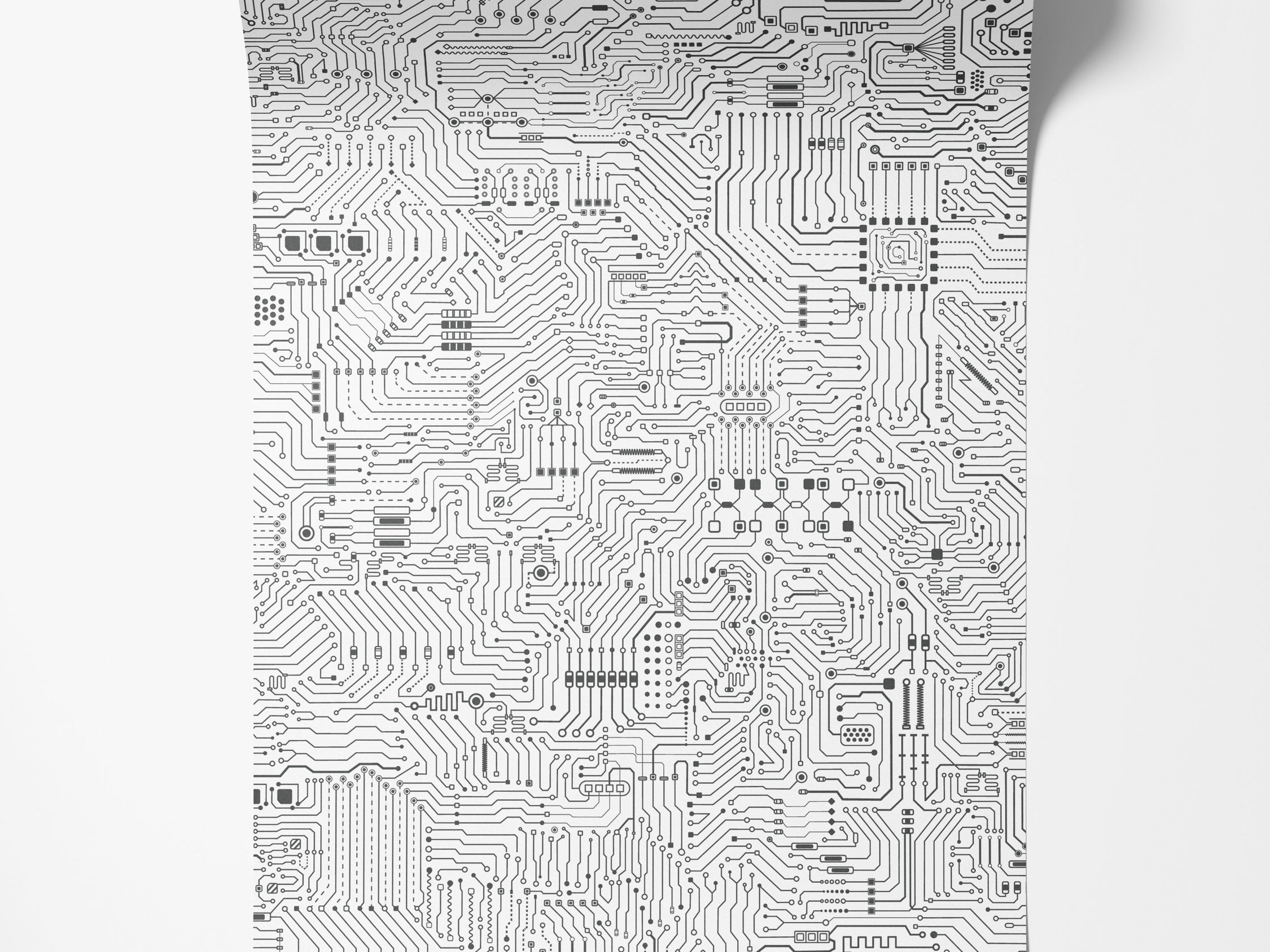Black and white wallpaper featuring a detailed, repeating circuit board design with intricate lines and components.