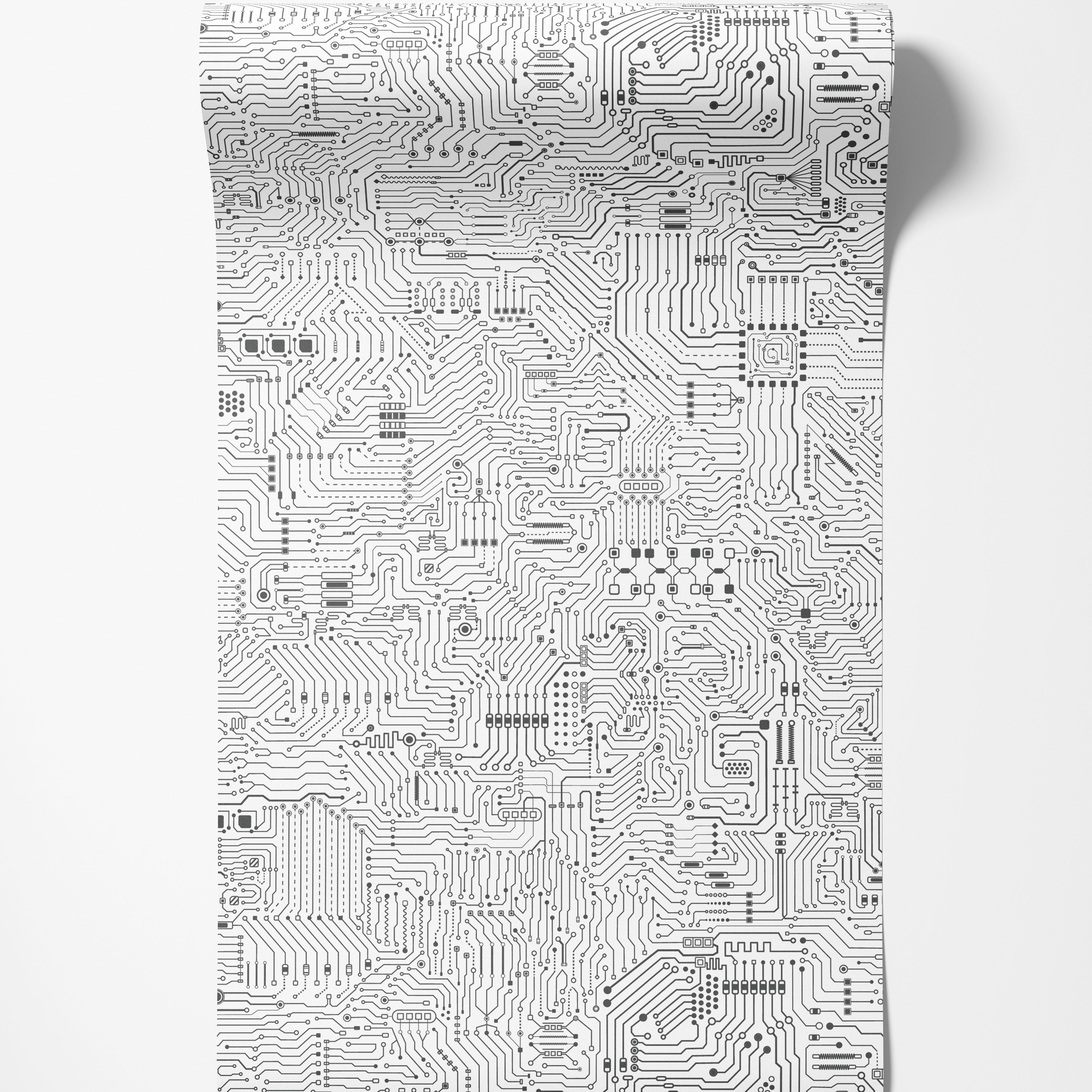 Black and white wallpaper featuring a detailed, repeating circuit board design with intricate lines and components.