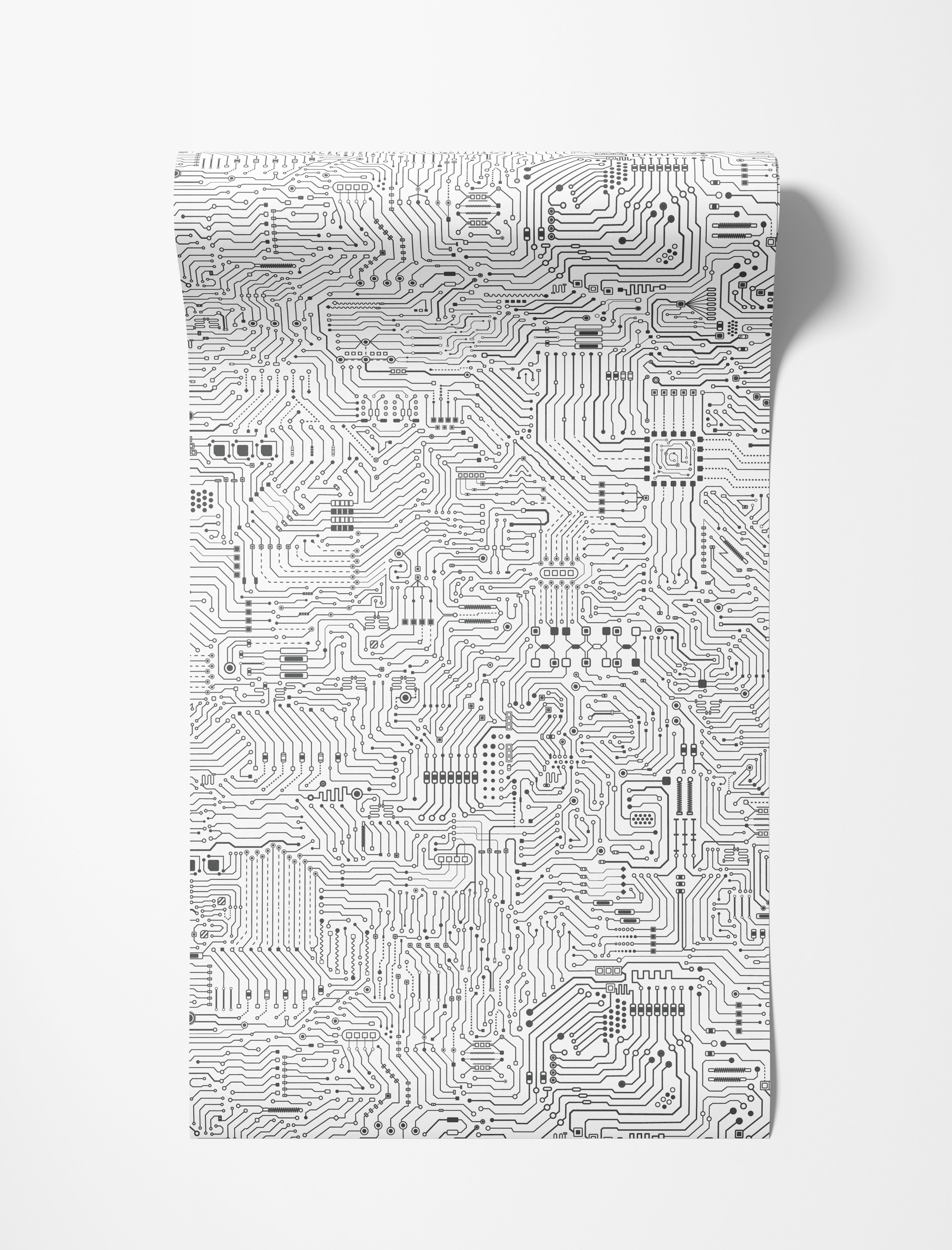 Black and white wallpaper featuring a detailed, repeating circuit board design with intricate lines and components.