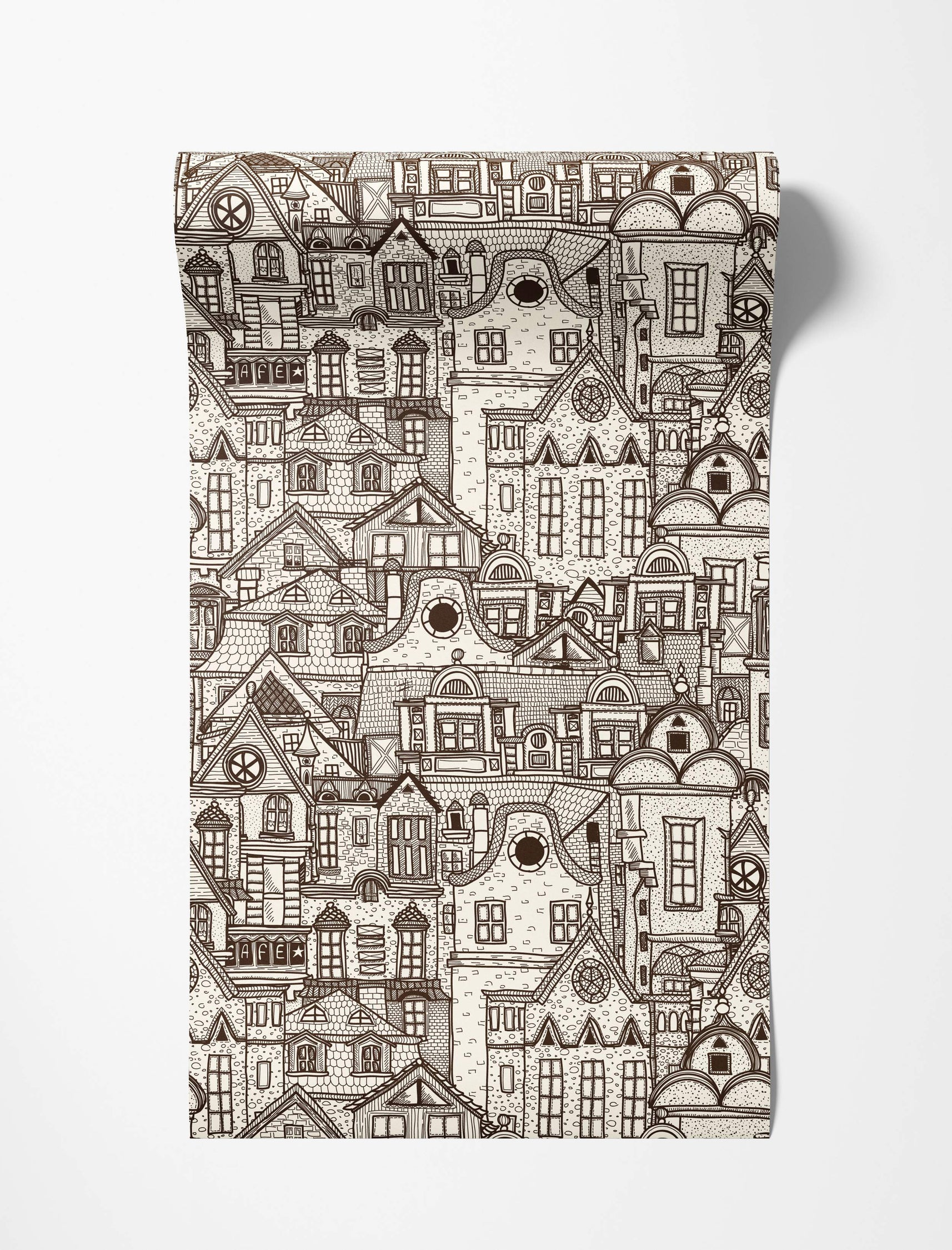 Wallpaper featuring a dense, hand-drawn pattern of overlapping cityscape buildings in brown line art on a cream background.