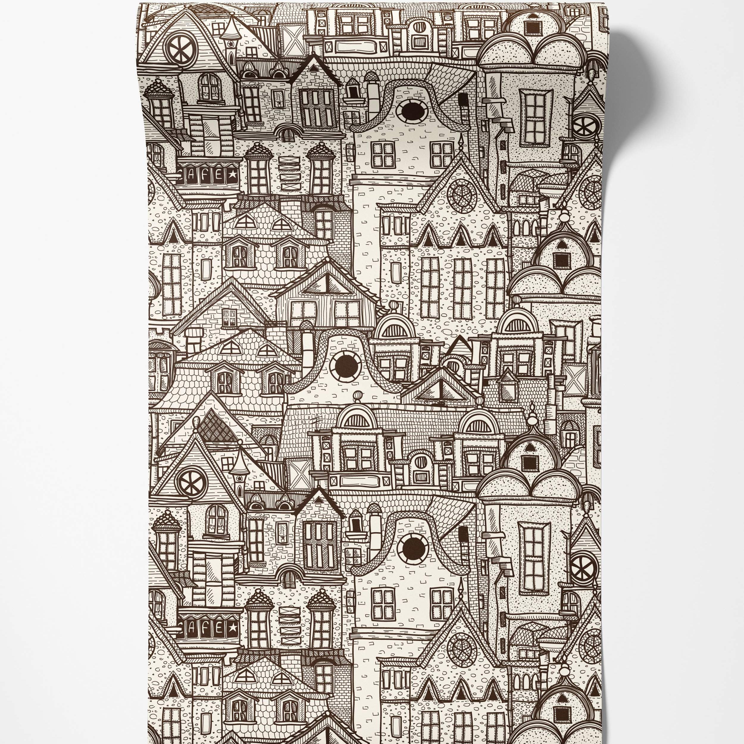 Wallpaper featuring a dense, hand-drawn pattern of overlapping cityscape buildings in brown line art on a cream background.